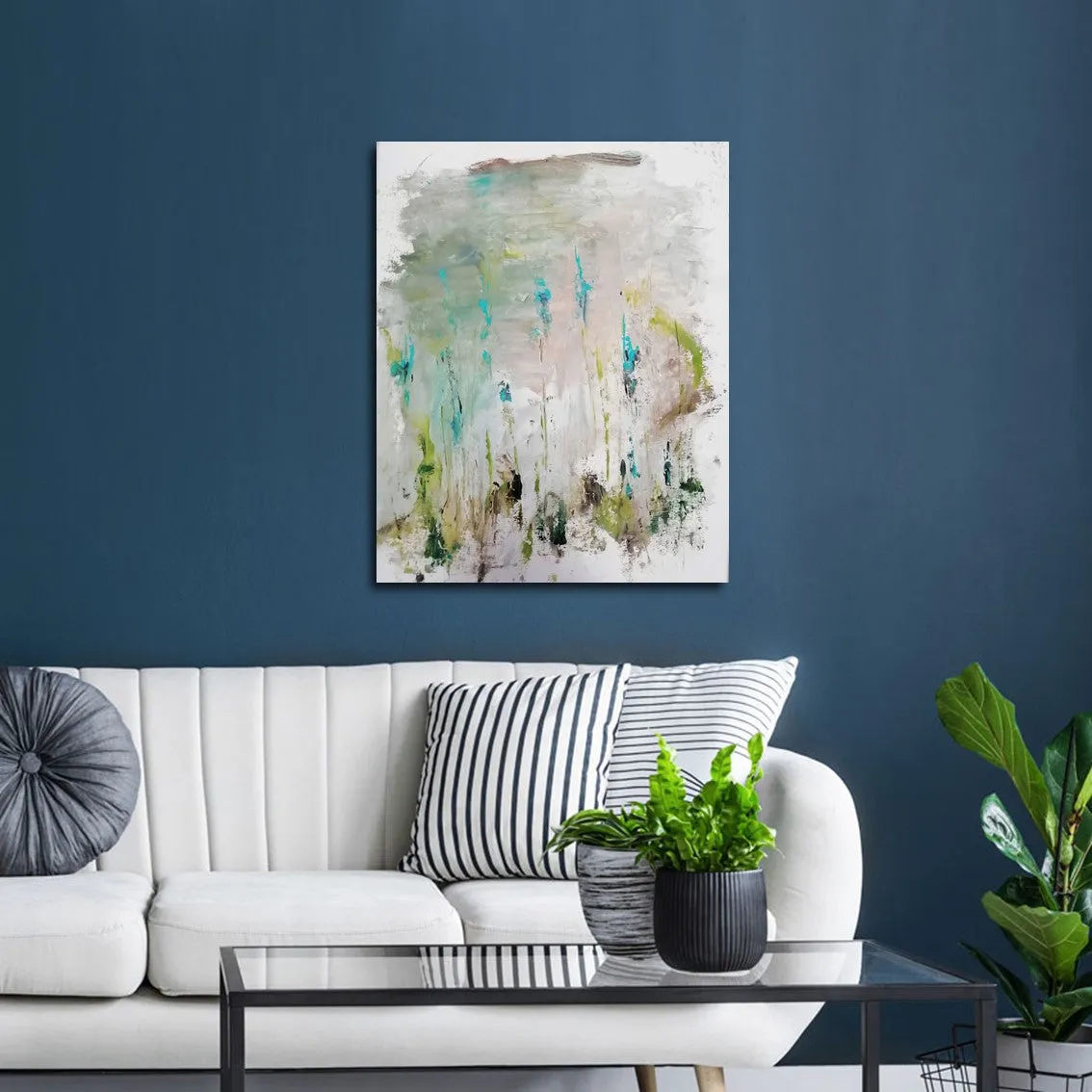 Framed vertical neutral & teal abstract floral wall art print