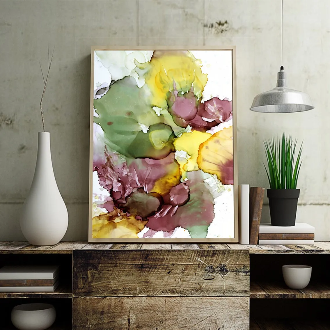 Framed vertical olive green & brown abstract alcohol ink art print