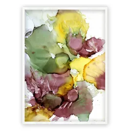 Framed vertical olive green & brown abstract alcohol ink art print