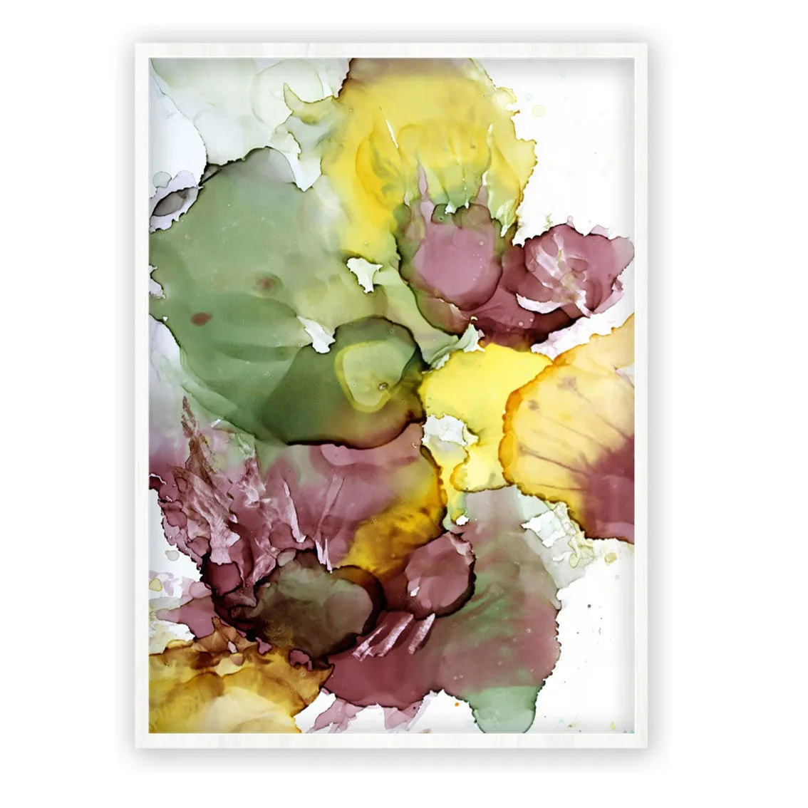 Framed vertical olive green & brown abstract alcohol ink art print