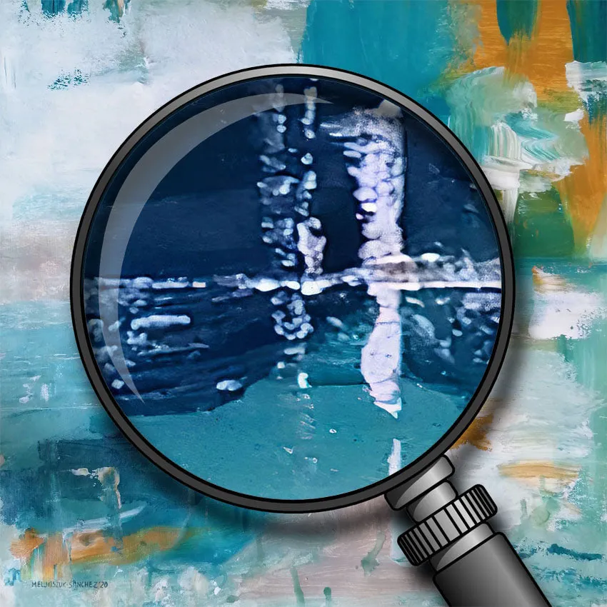 Framed vertical teal, blue & orange abstract wall art print