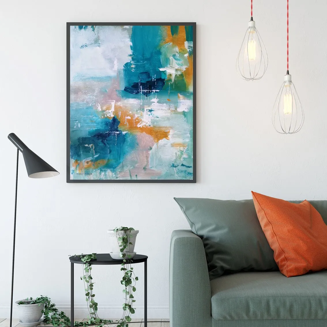 Framed vertical teal, blue & orange abstract wall art print