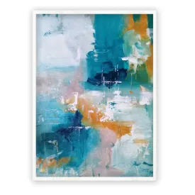 Framed vertical teal, blue & orange abstract wall art print
