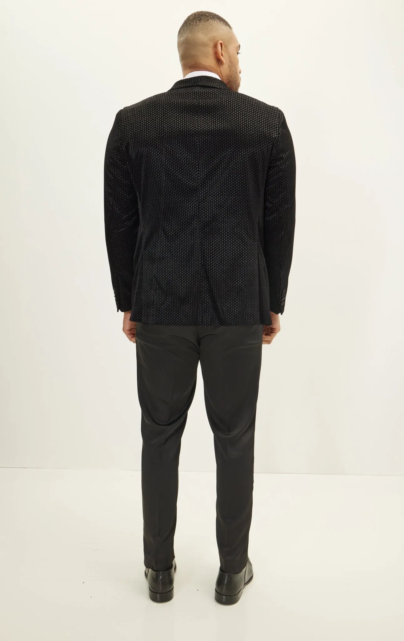 Gingham Flocking Shawl Lapel Tuxedo Jacket - Black