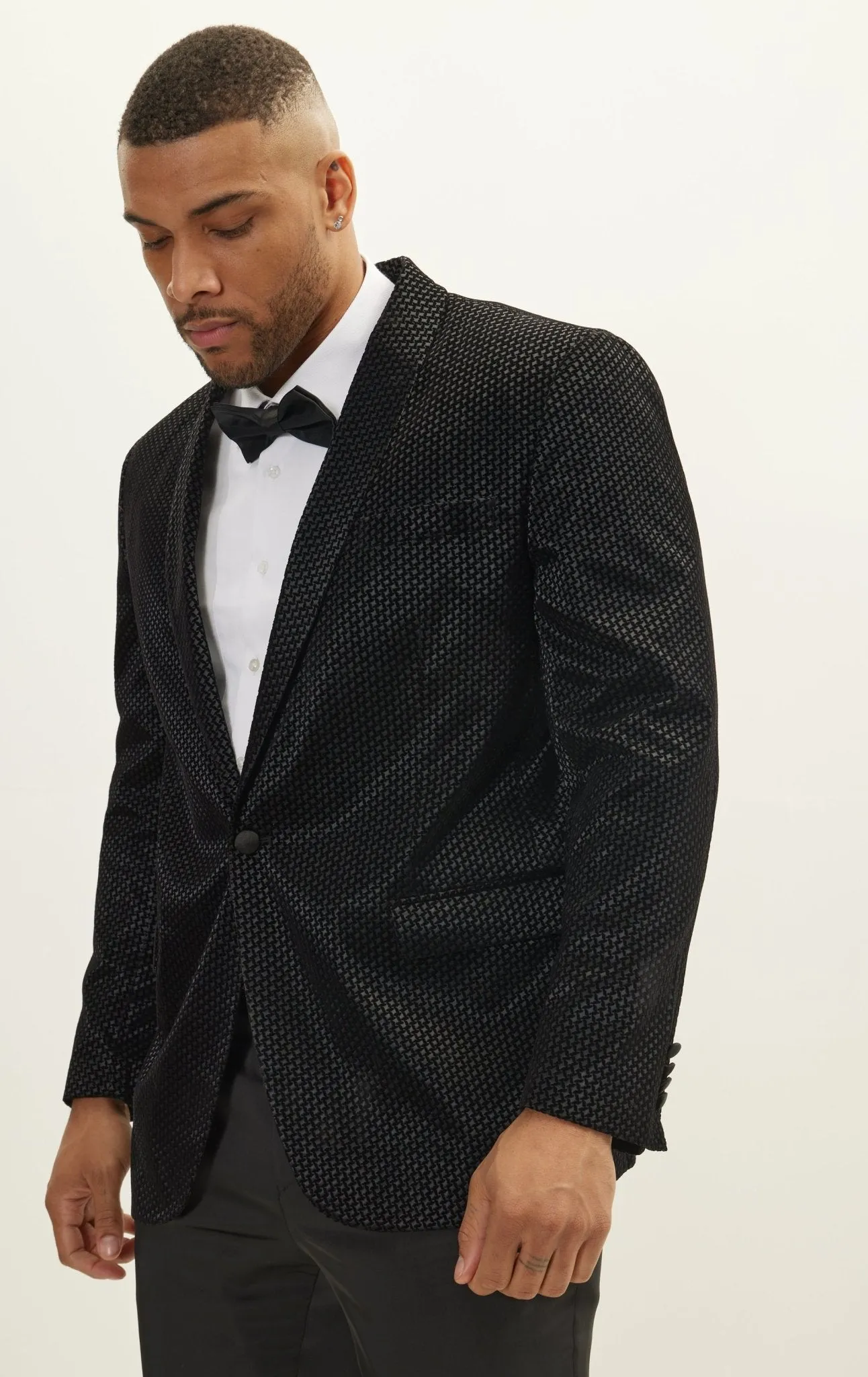 Gingham Flocking Shawl Lapel Tuxedo Jacket - Black