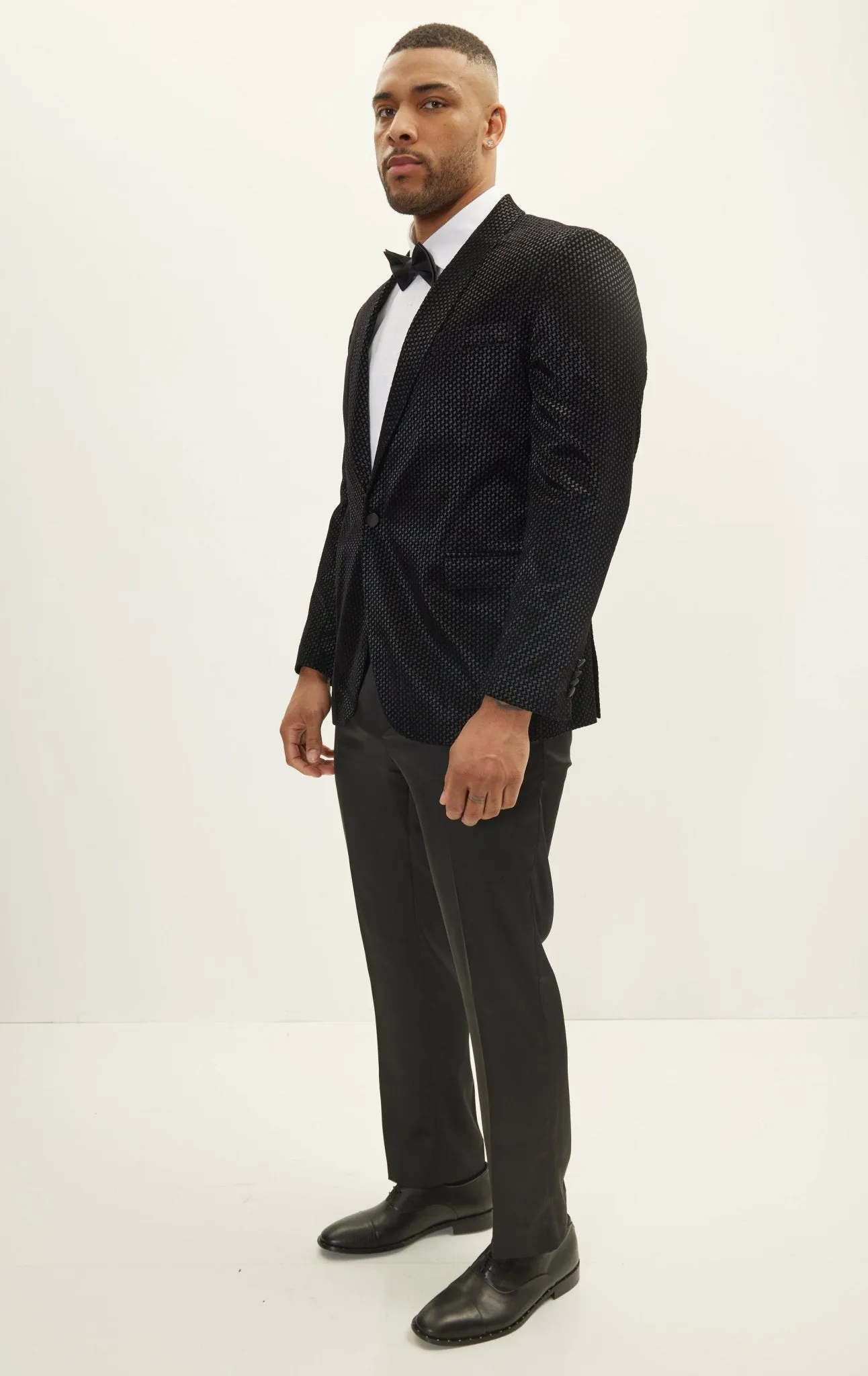 Gingham Flocking Shawl Lapel Tuxedo Jacket - Black
