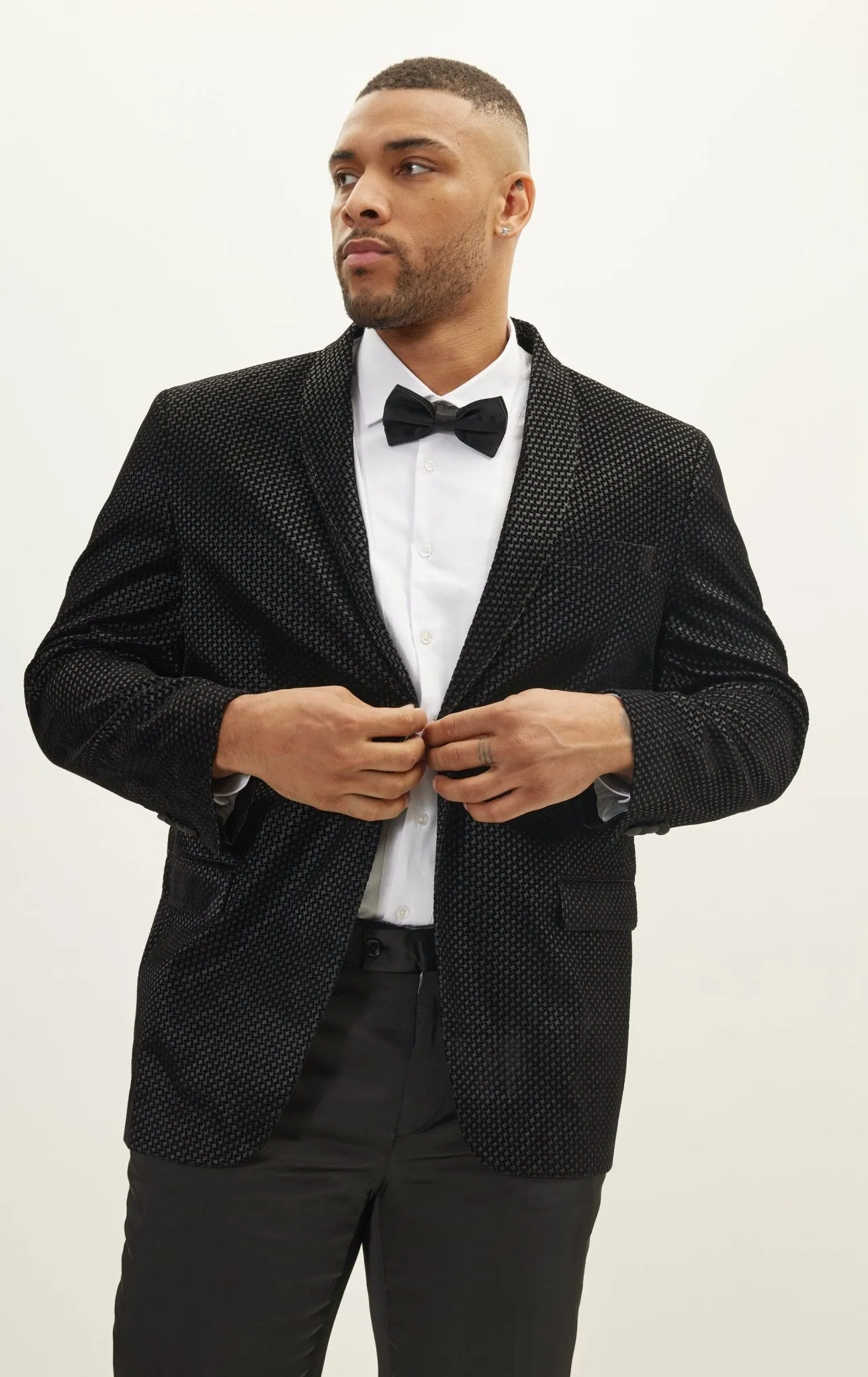 Gingham Flocking Shawl Lapel Tuxedo Jacket - Black
