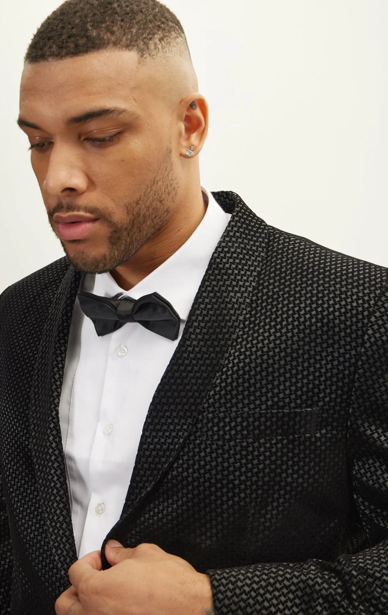 Gingham Flocking Shawl Lapel Tuxedo Jacket - Black