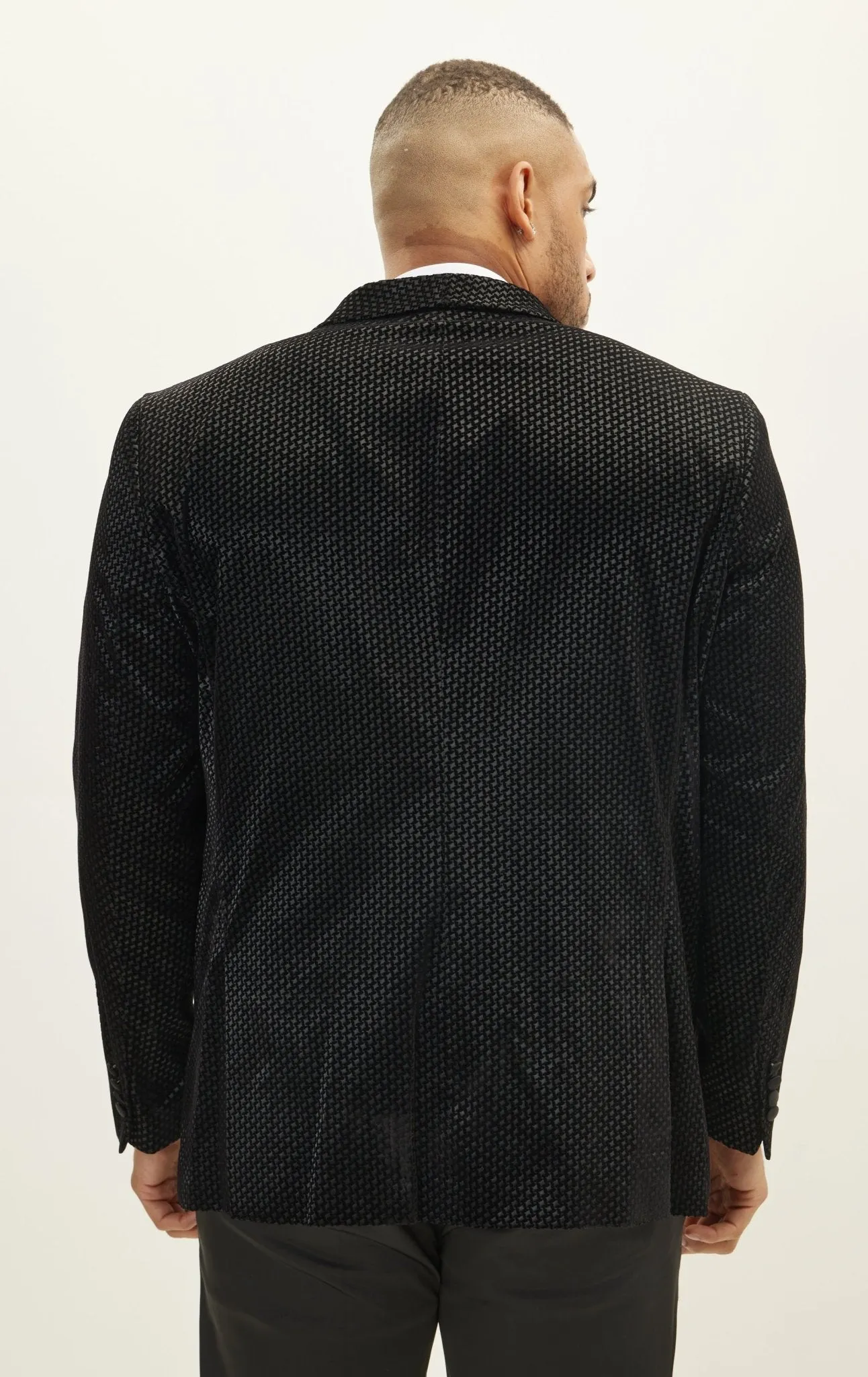 Gingham Flocking Shawl Lapel Tuxedo Jacket - Black