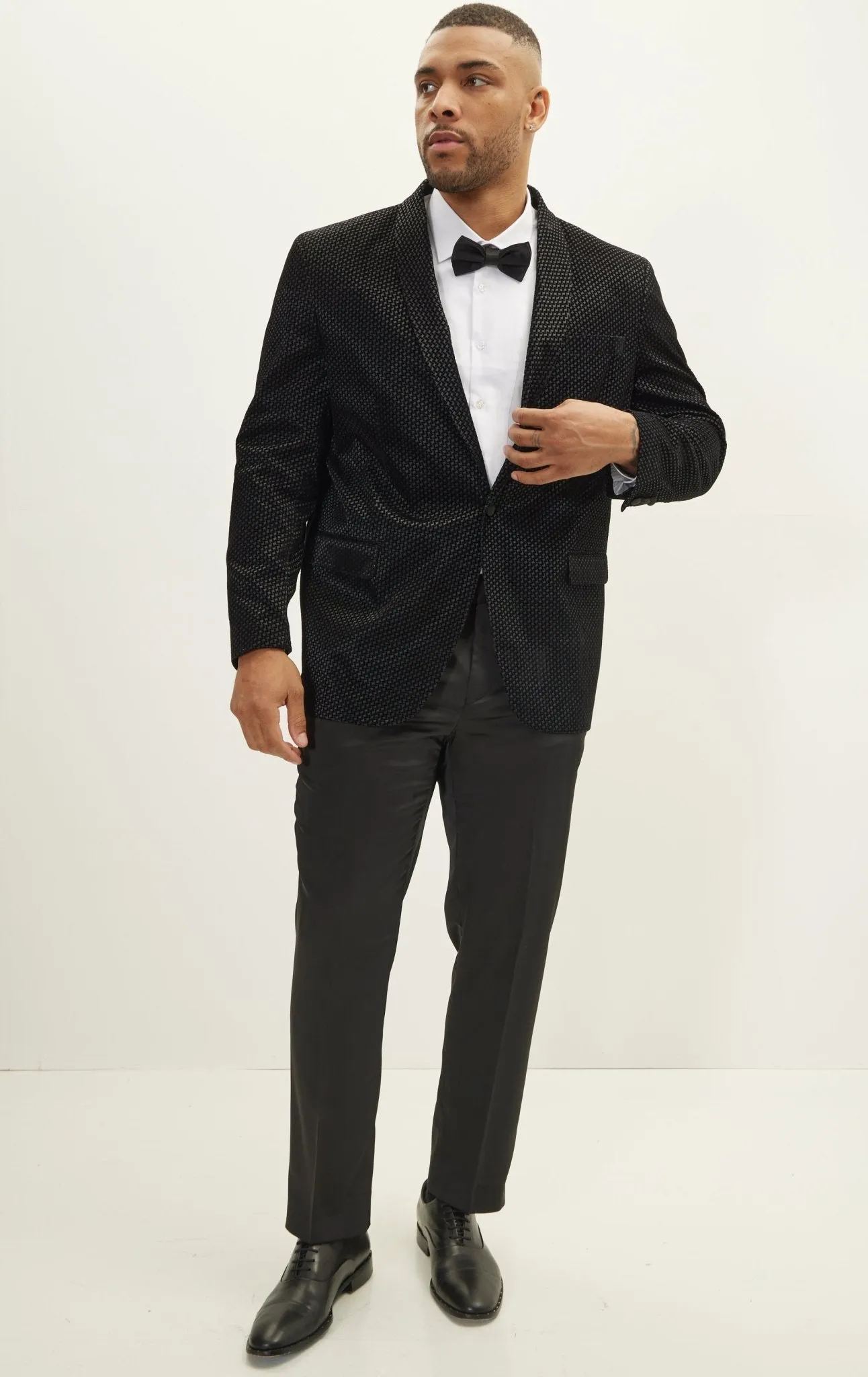 Gingham Flocking Shawl Lapel Tuxedo Jacket - Black