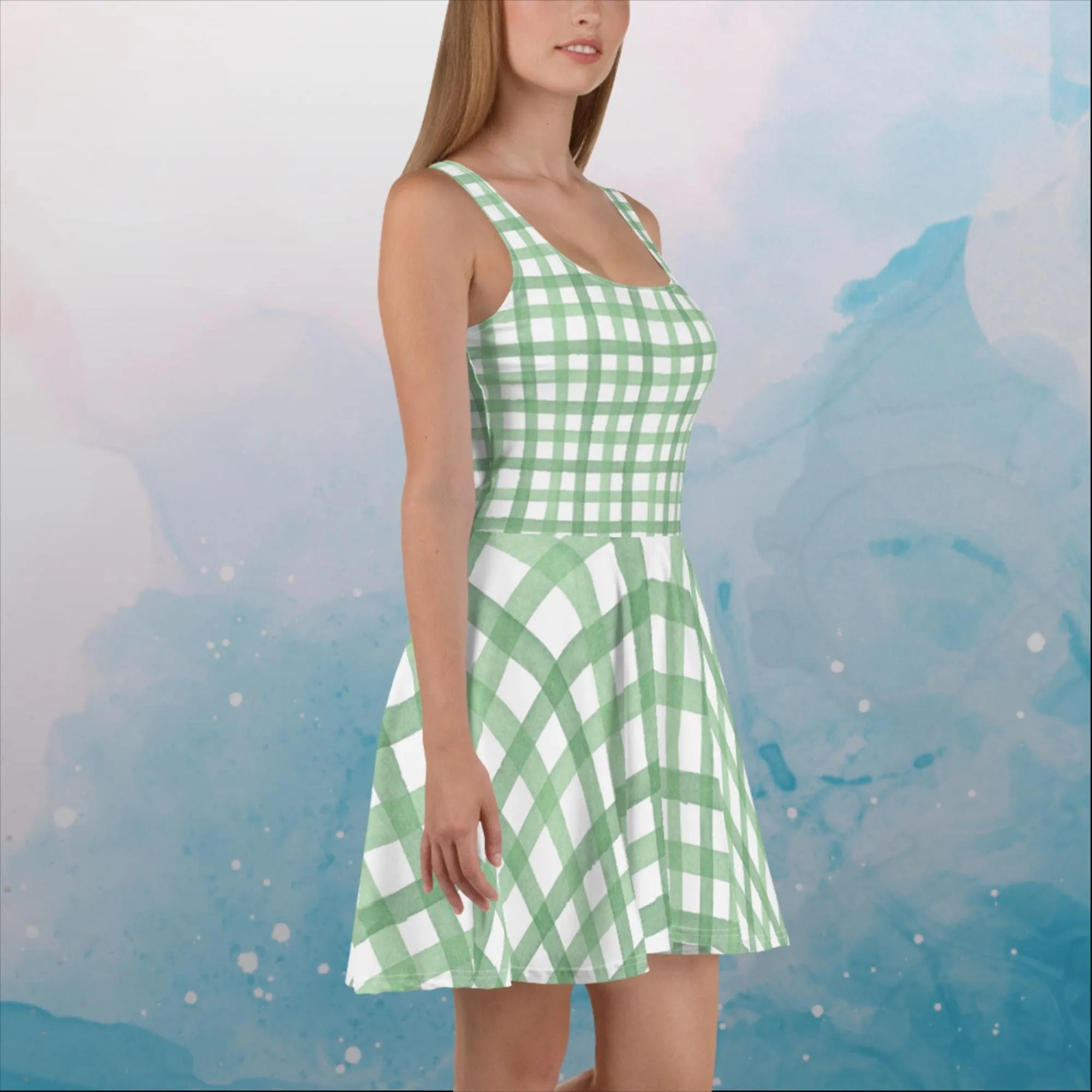 Green Gingham Print Womens Skater Dress