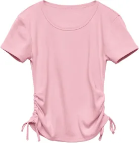 Imily Bela Girls Tees Shirts Cute Crew Neck Short Sleeve Side Drawstring Solid Tops Kids Children Summer Clothes