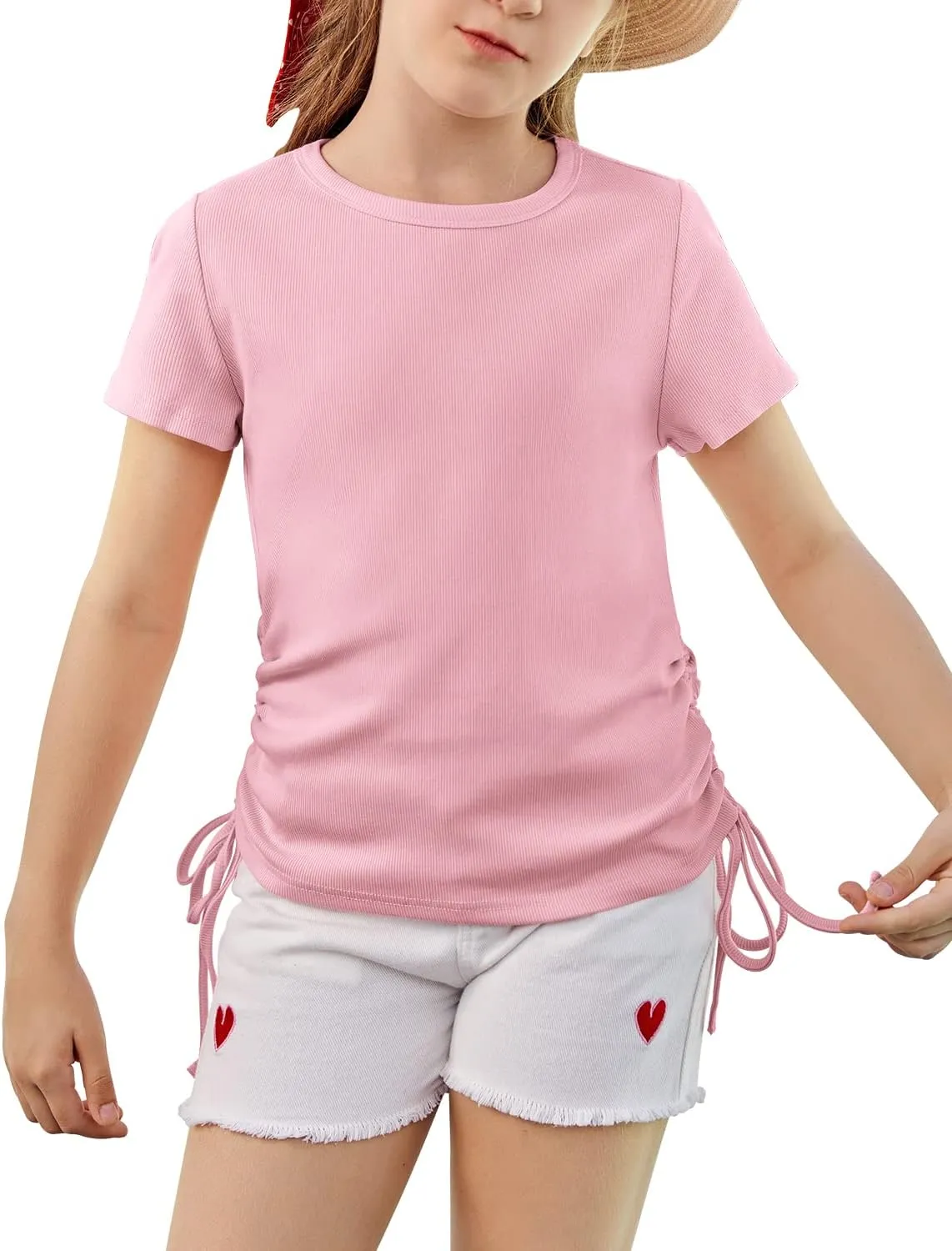 Imily Bela Girls Tees Shirts Cute Crew Neck Short Sleeve Side Drawstring Solid Tops Kids Children Summer Clothes