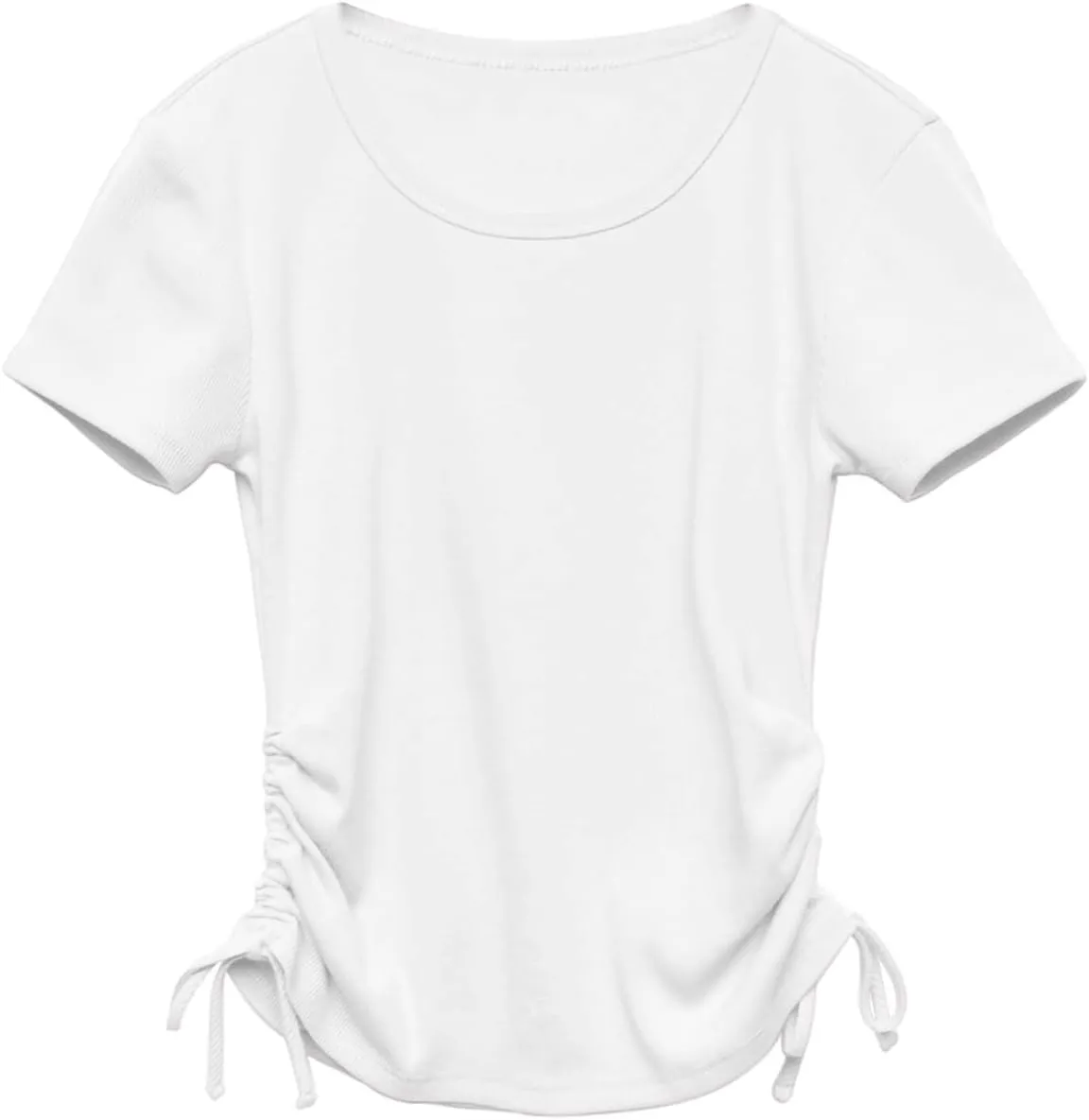 Imily Bela Girls Tees Shirts Cute Crew Neck Short Sleeve Side Drawstring Solid Tops Kids Children Summer Clothes