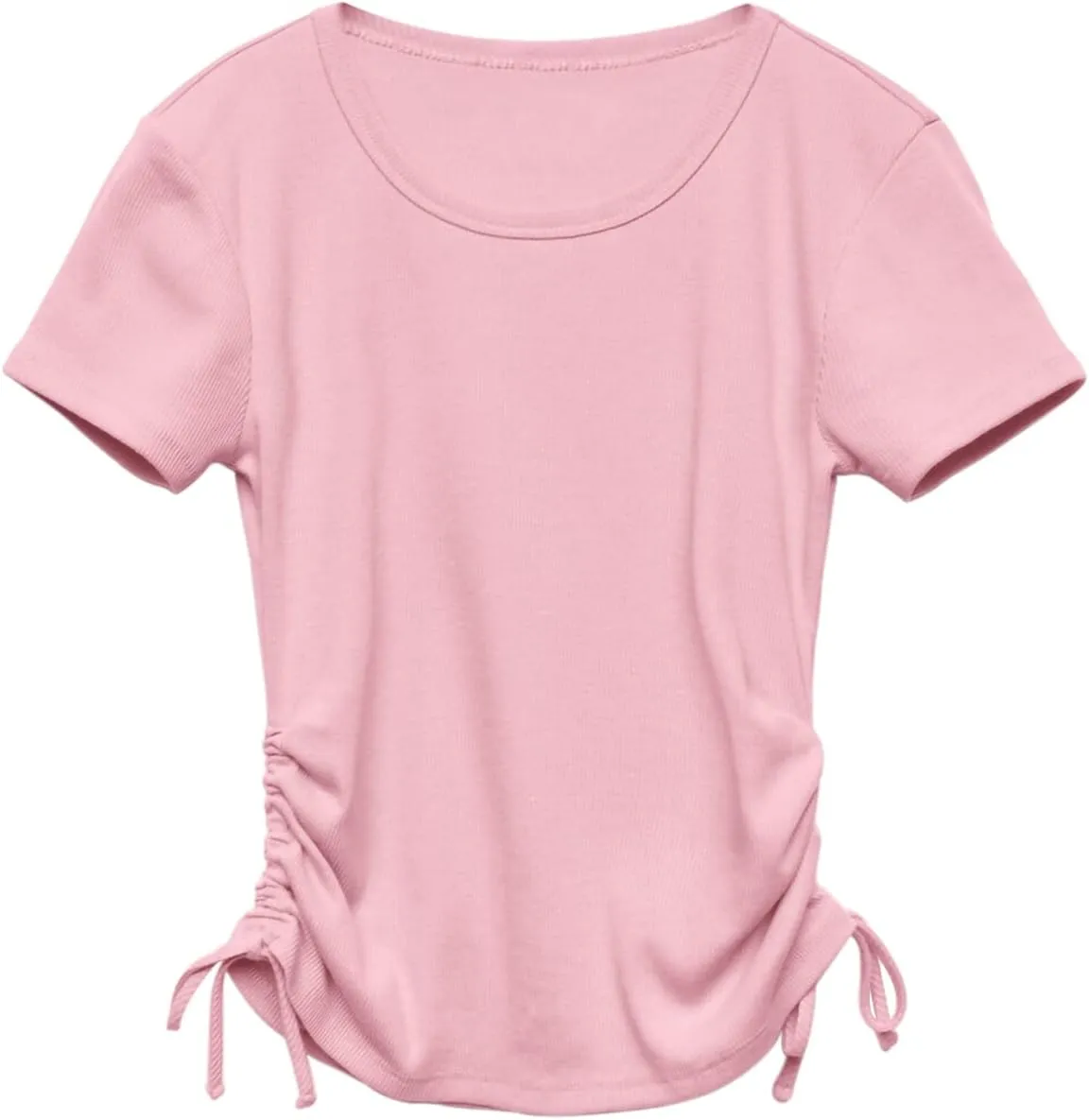 Imily Bela Girls Tees Shirts Cute Crew Neck Short Sleeve Side Drawstring Solid Tops Kids Children Summer Clothes