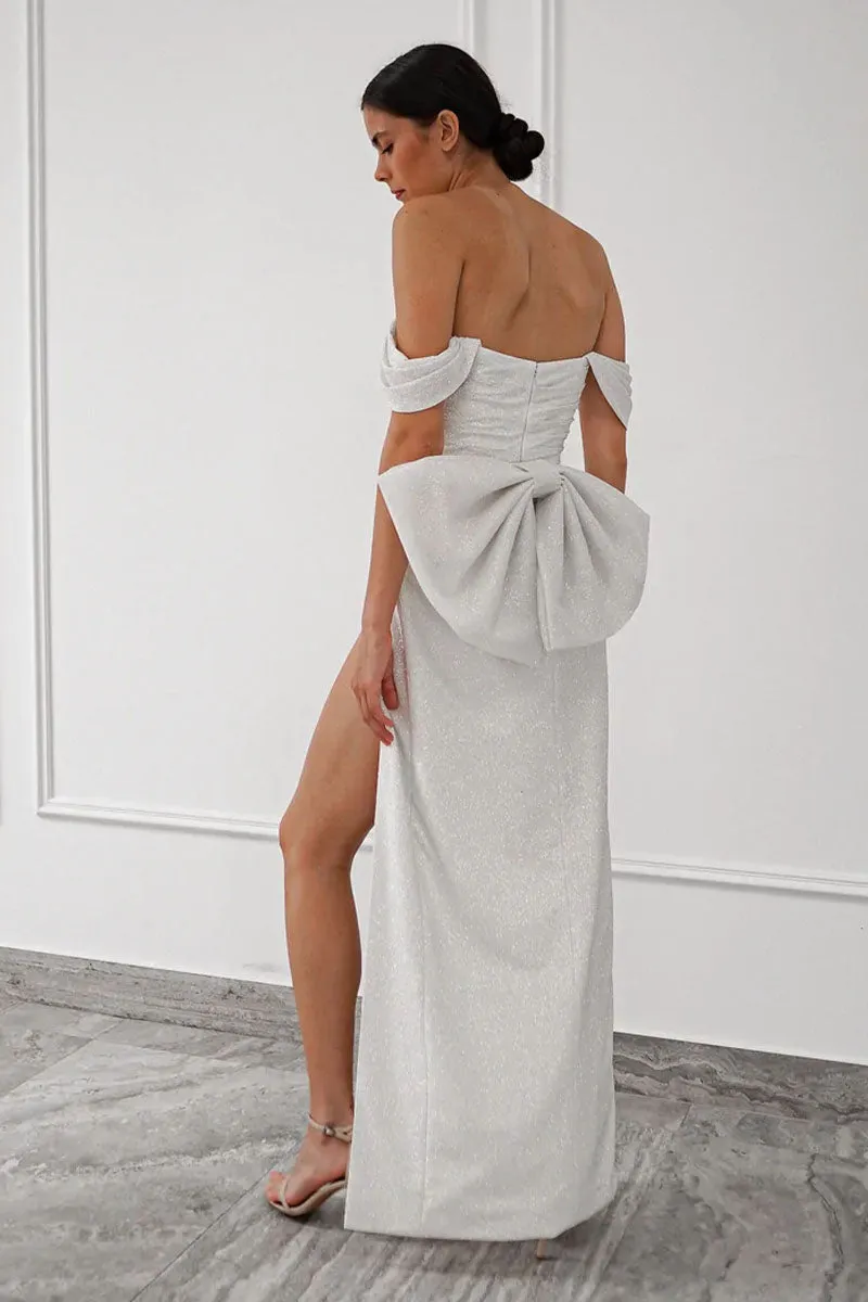 Jenny Sparkly Off-the-Shoulder Bow Back Maxi Dress