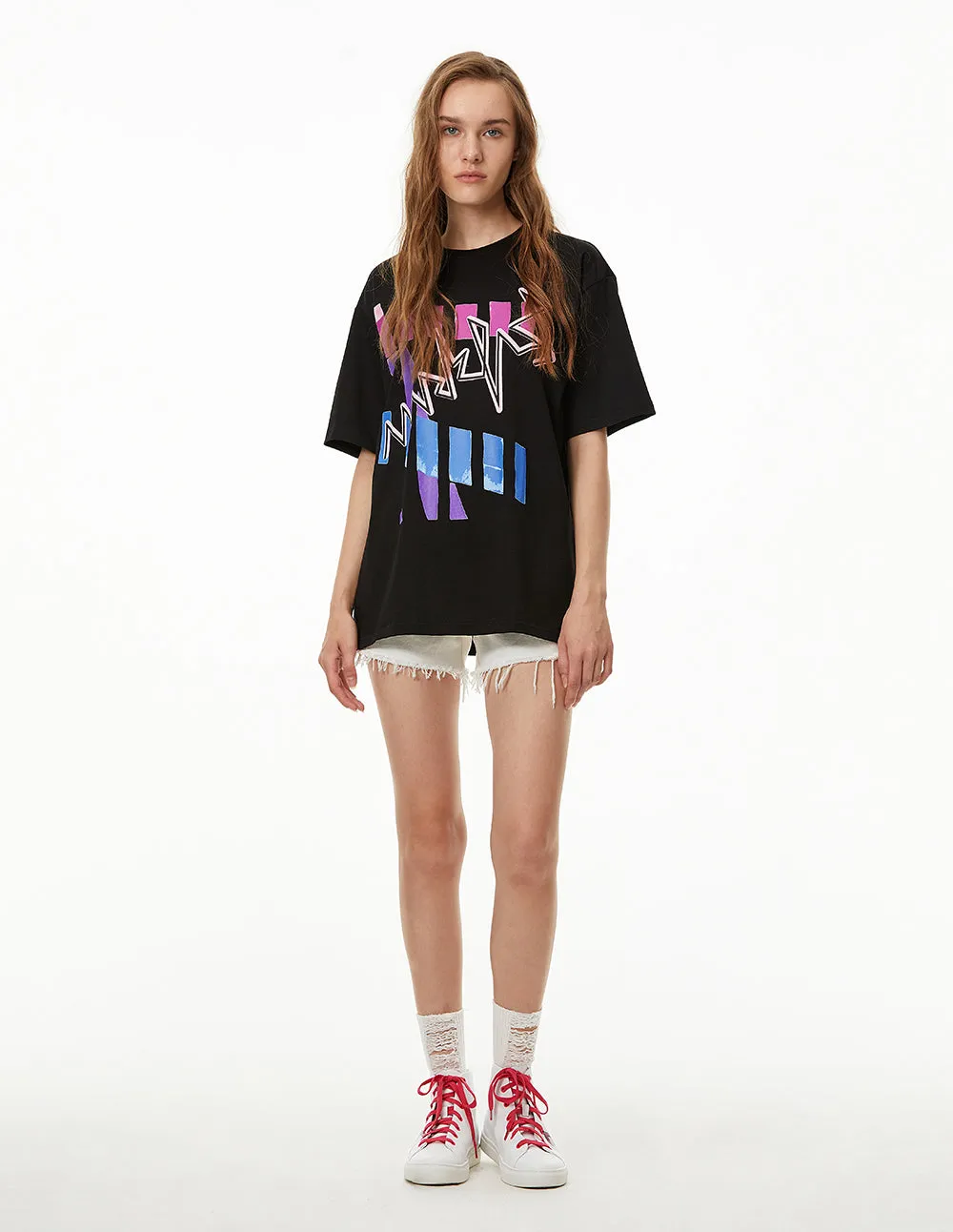 MARK FAST WOMEN OVERSIZED ABSTRACT PRINTED BLACK T-SHIRT