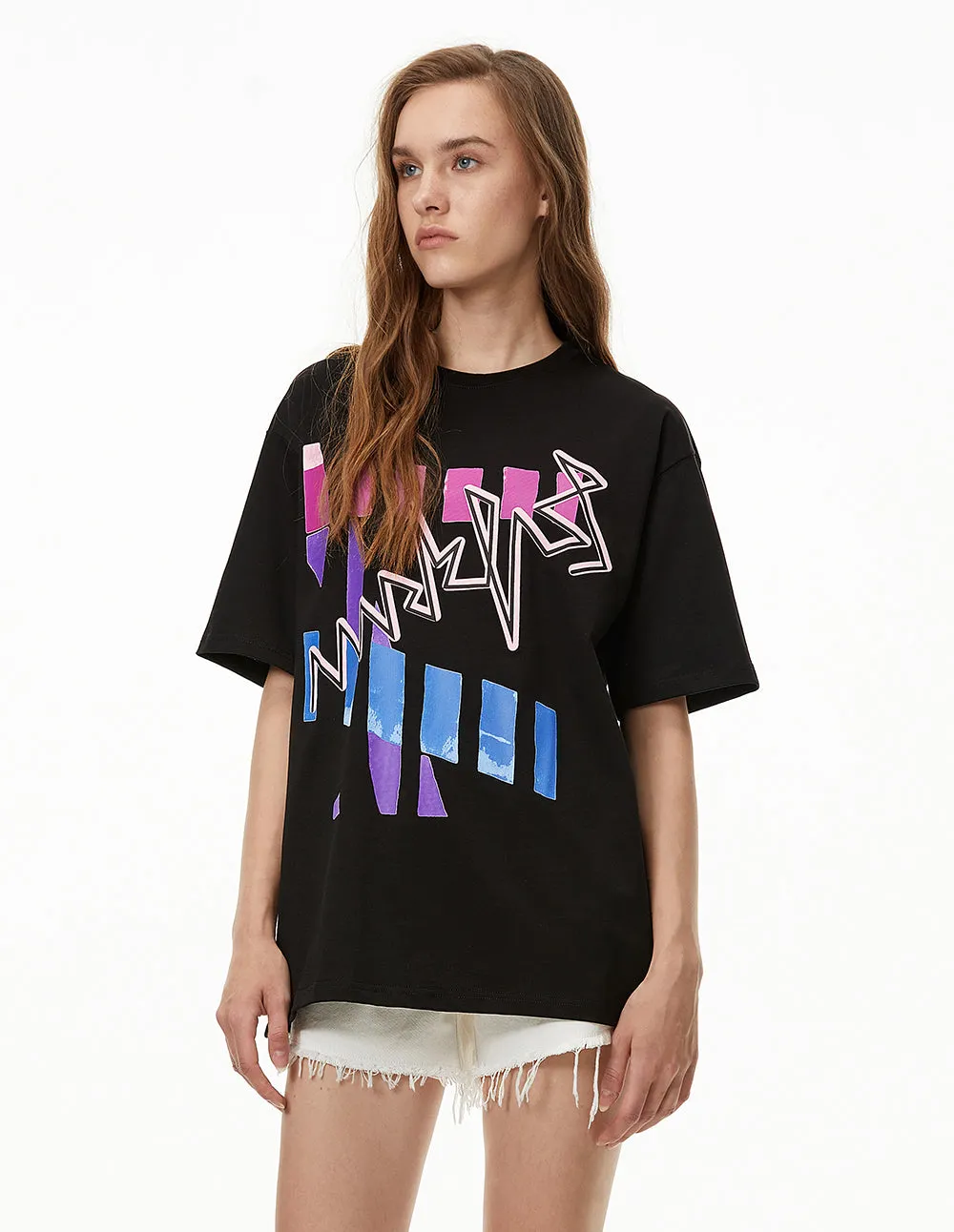 MARK FAST WOMEN OVERSIZED ABSTRACT PRINTED BLACK T-SHIRT