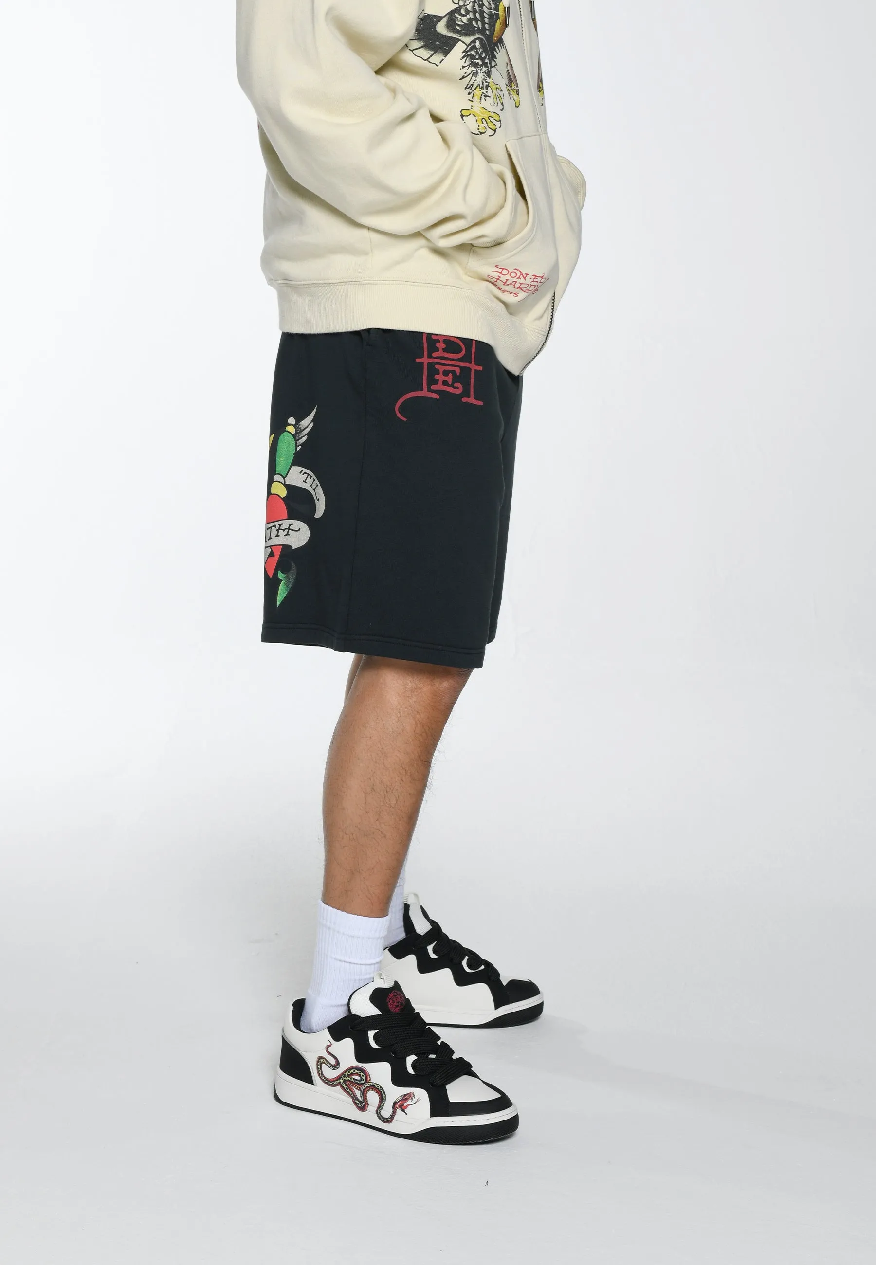 Mens True Till Death Sweat Shorts - Washed Black