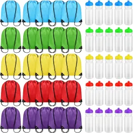 Mifoci 20 oz Plastic Water Bottles Bulk and Drawstring Backpack Set Reusable Sport Water Bottles Lightweight Clear Water Bottle Cinch Gym Drawstring Bags for Adult Kids Fitness DIY