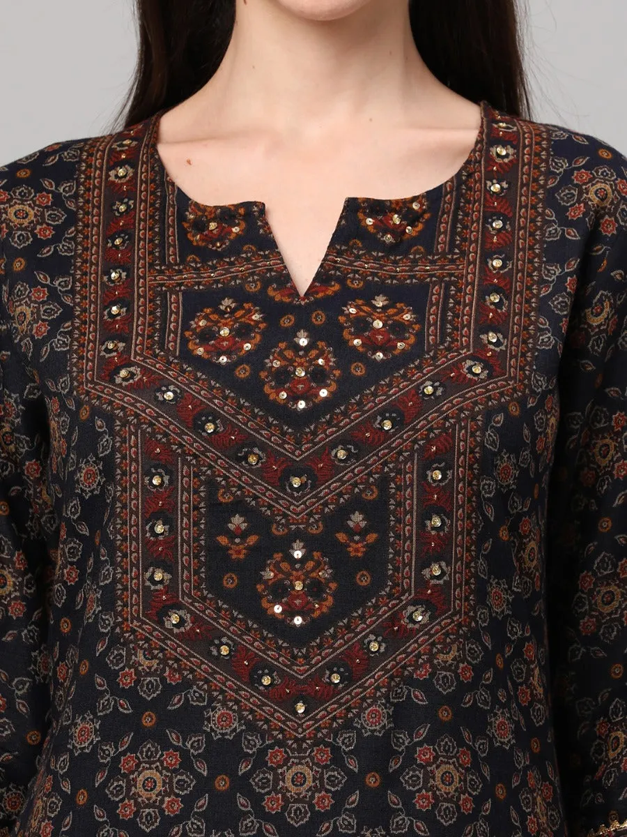 Navy Ornamental Printed Kurta