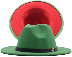 NC Two-Colors Patchwork Fedora Hats with M Leather Band Women Party Felted Bowler Cap Casual Men Wide Brim Church Fedoras (Sante Green and red)