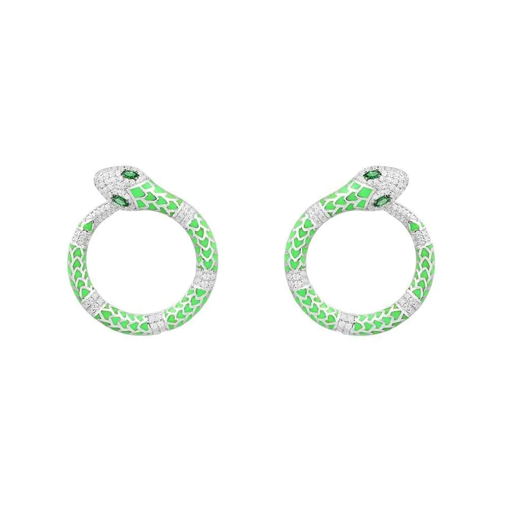 Neon Green Serpent Round Earrings - White Silver