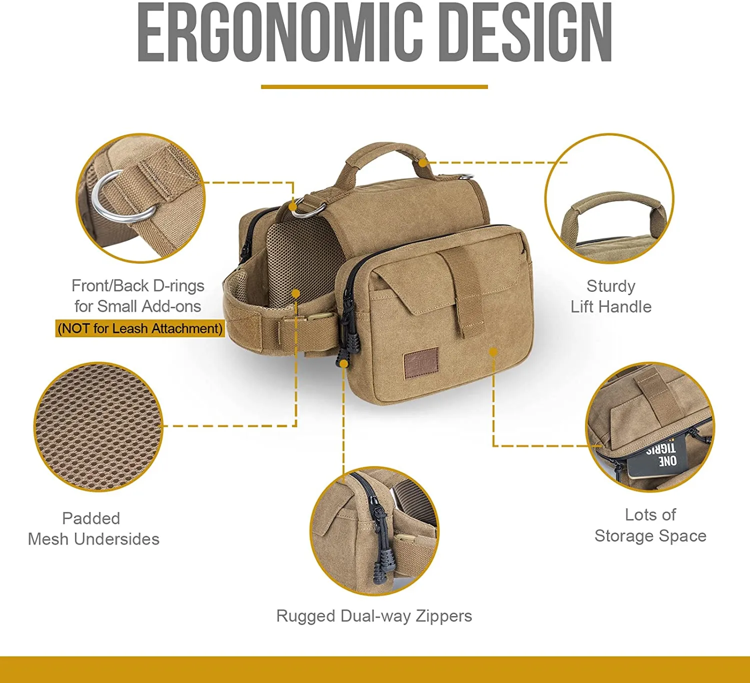 Onetigris Dog Pack Hound Travel Camping Hiking Backpack Saddle Bag Rucksack for Medium & Large Dog (Brown, Large)