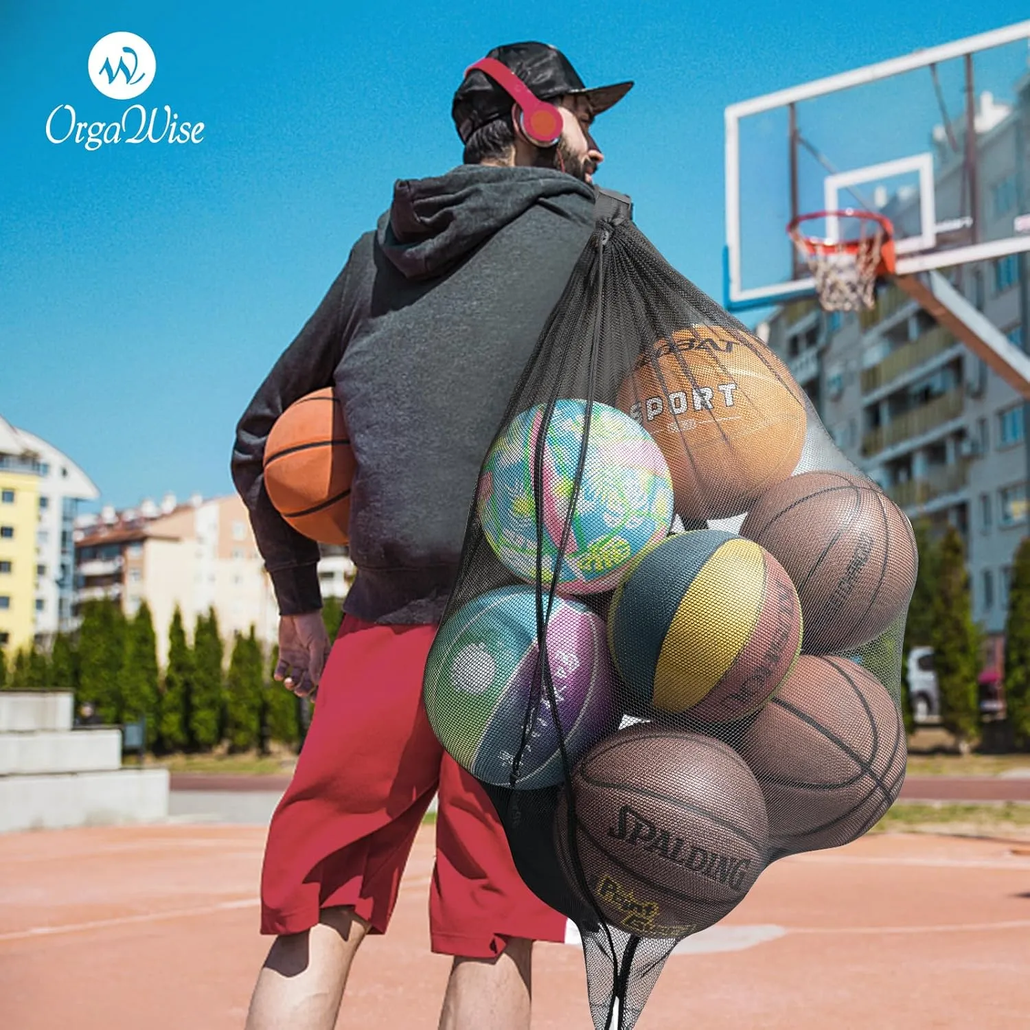 OrgaWise Heavy Duty Mesh Ball Bag,Basketball Bag for Balls,Ball Bags Mesh for Soccer/Volleyball/Football (School/Home/Park/Garage/Beach)