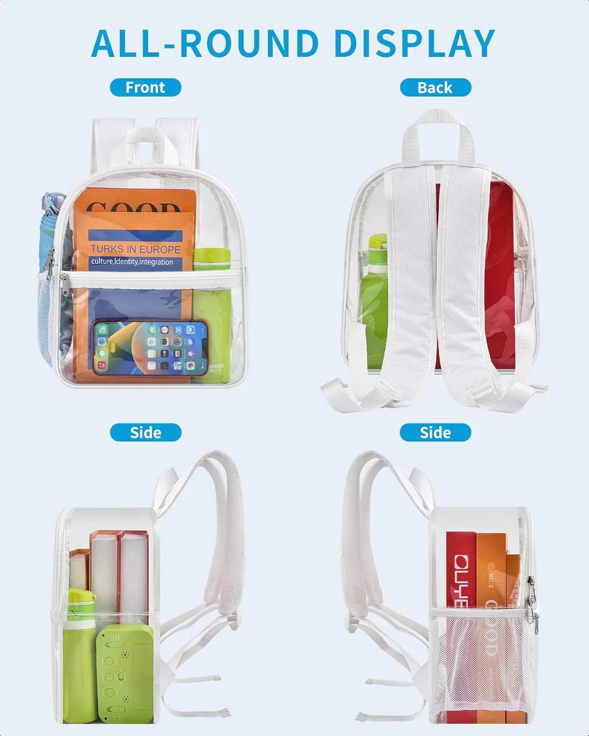 Paxiland Clear Backpack Stadium Approved 12126 with Reinforced and Wider Shoulder Straps, Small Clear Bag for Schools, Concerts, Work, Festivals and Sporting Events - White
