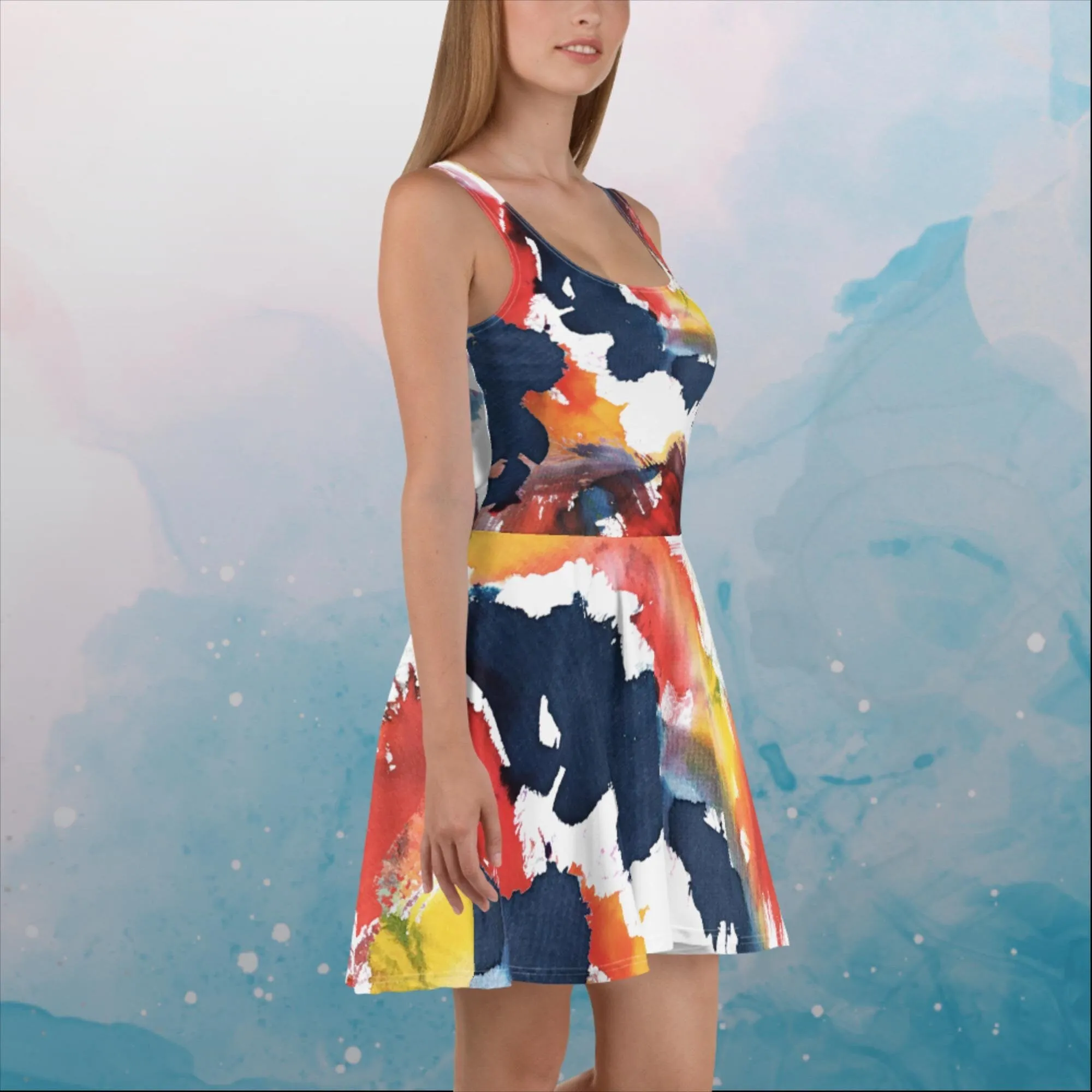 Primary Color Pallet Paint Print Womens Skater Dress
