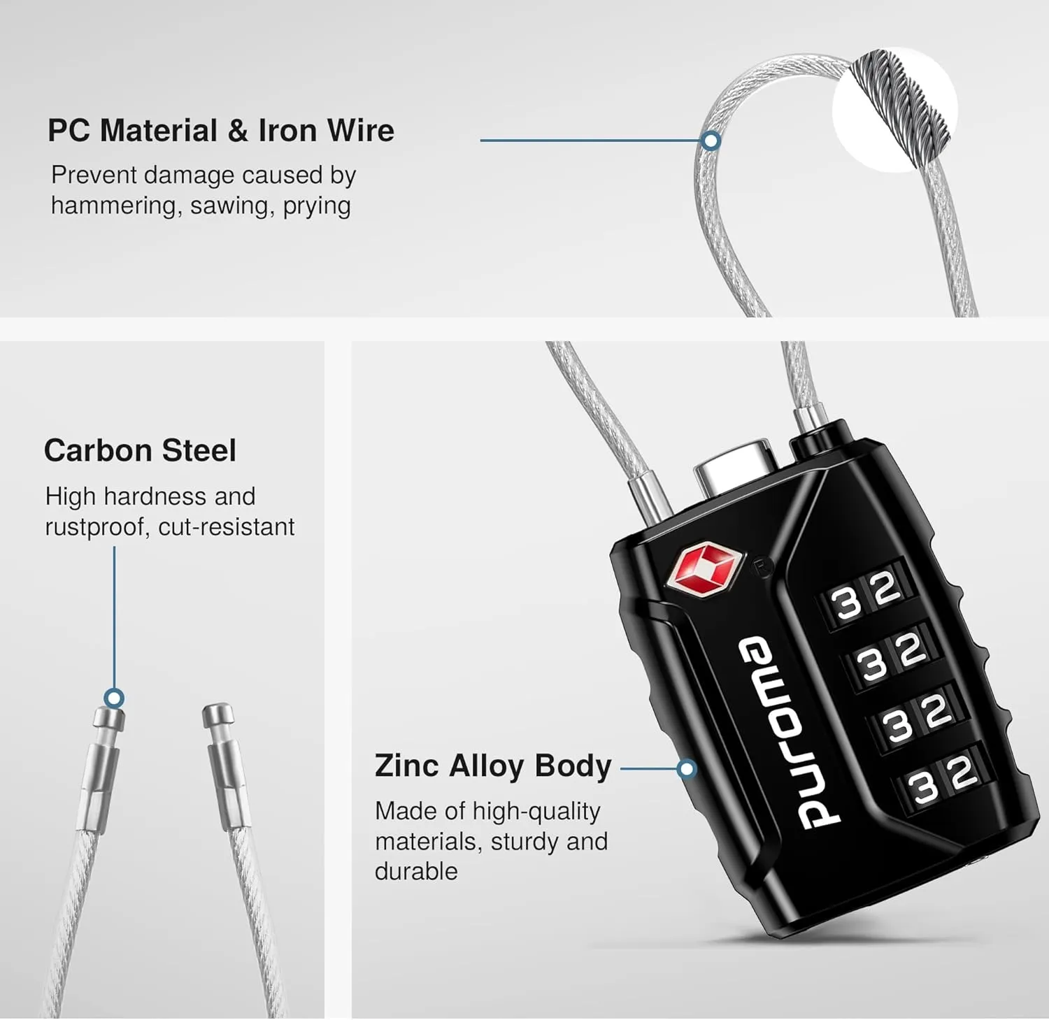 Puroma 2 Pack TSA Approved Luggage Locks, 4 Digit Combination Travel Locks Resettable Code Lock with Zinc Alloy Body for Suitcase, Toolbox, Backpack, Bag, Gym Locker (Black)