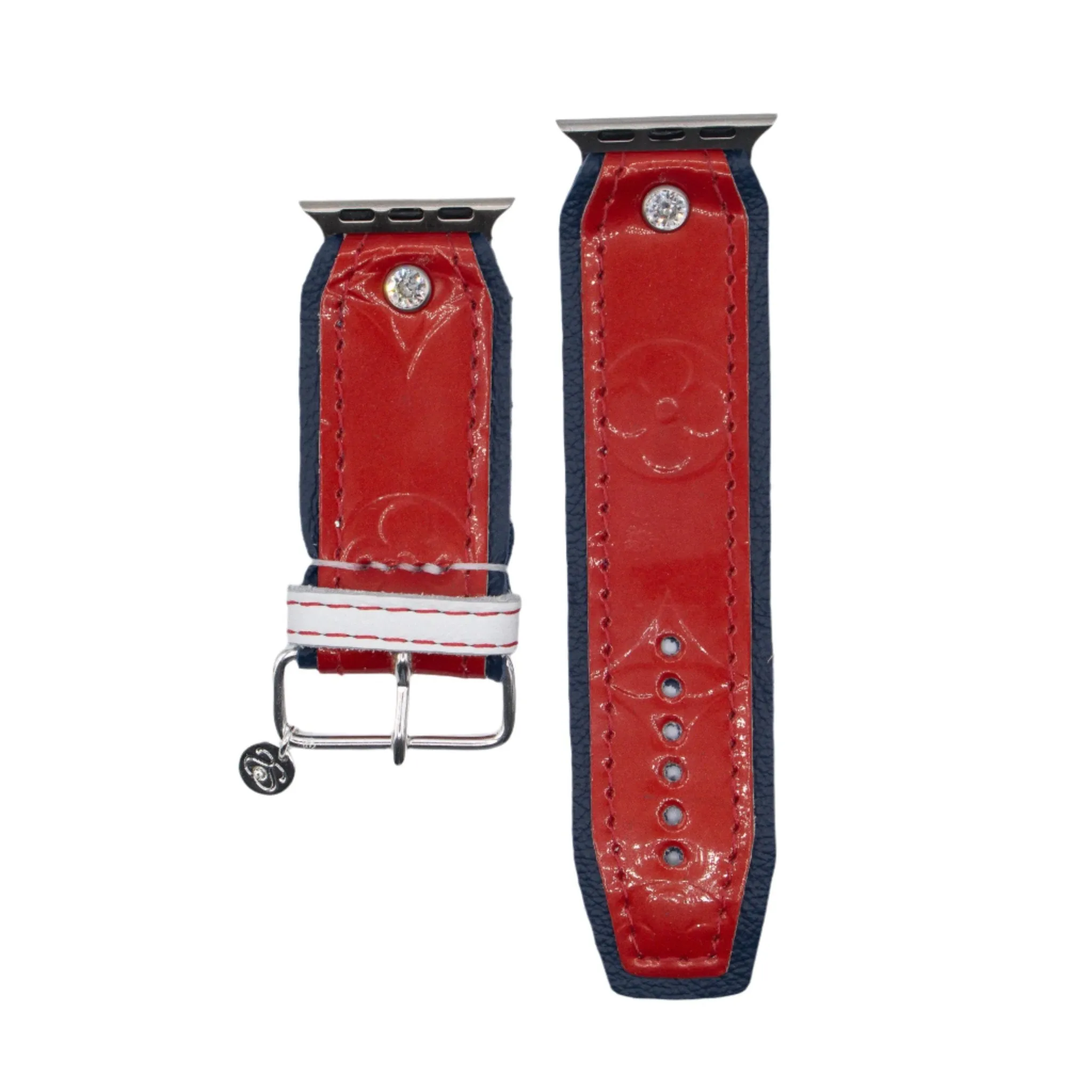 Ready to Ship - Upcycled LV Red Vernis with Navy Sivella Watchband