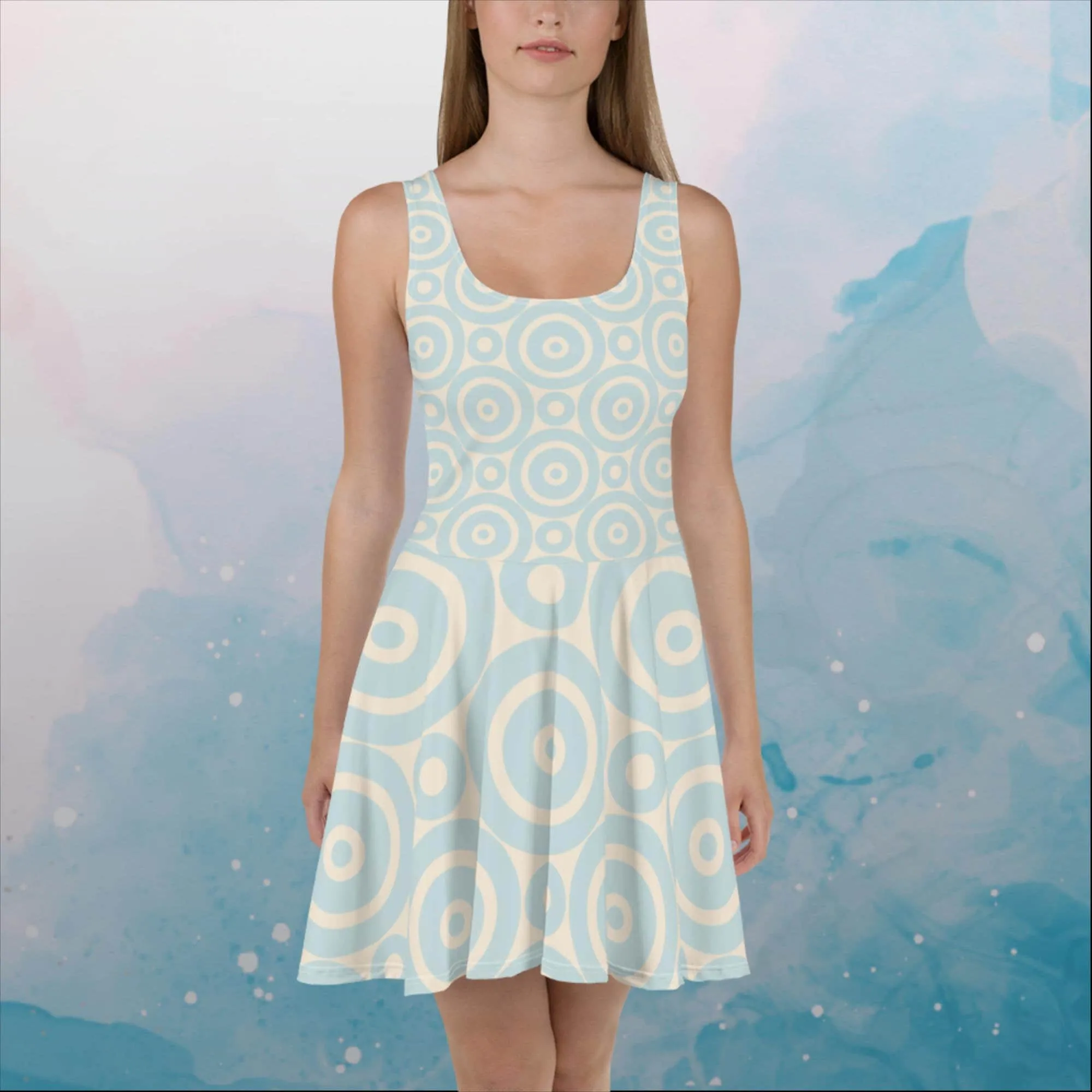 Robins Egg Blue Printed Target Circles Womens Skater Dress