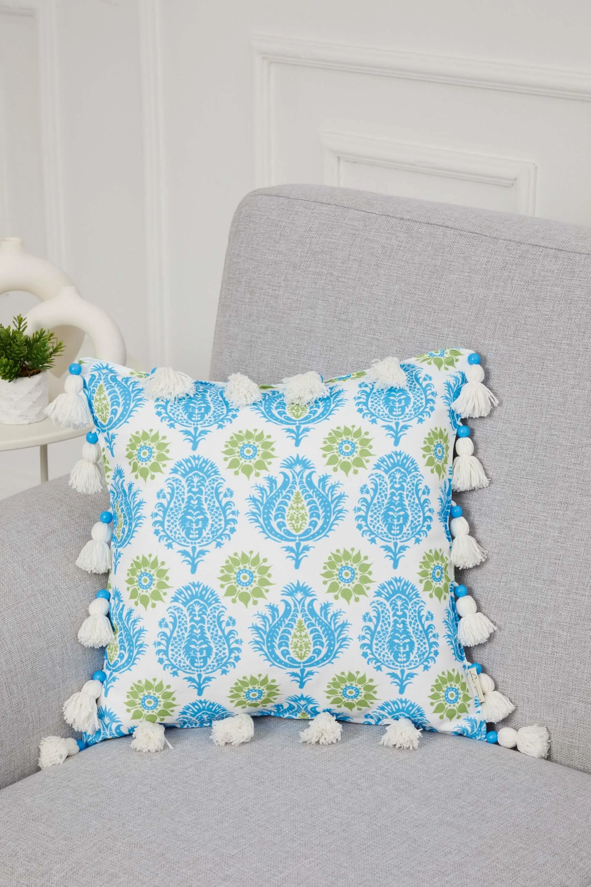 Square Decorative Bohemian Throw Pillow Cover with Handmade Beads and Tassels, 18x18 Inches Handmade Cushion Cover for Sofa and Couch,K-327