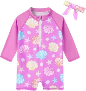 Toddler Baby Girls Swimsuit Long Sleeve Bathing Suit UPF 50  Rash Guard One Piece Zipper Swimwear 6 Months-4 Years