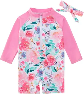 Toddler Baby Girls Swimsuit Long Sleeve Bathing Suit UPF 50  Rash Guard One Piece Zipper Swimwear 6 Months-4 Years