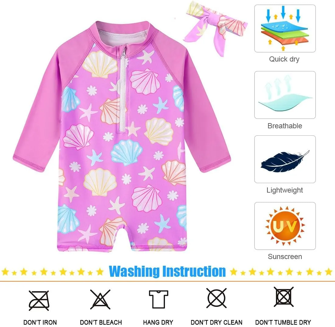 Toddler Baby Girls Swimsuit Long Sleeve Bathing Suit UPF 50  Rash Guard One Piece Zipper Swimwear 6 Months-4 Years