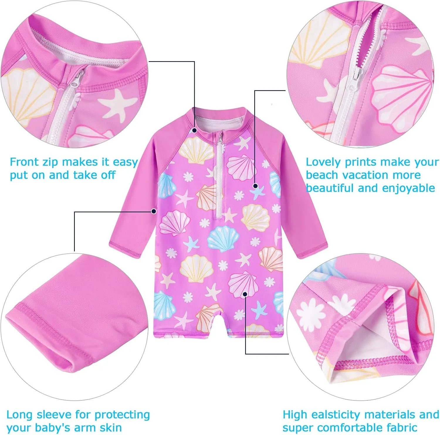Toddler Baby Girls Swimsuit Long Sleeve Bathing Suit UPF 50  Rash Guard One Piece Zipper Swimwear 6 Months-4 Years