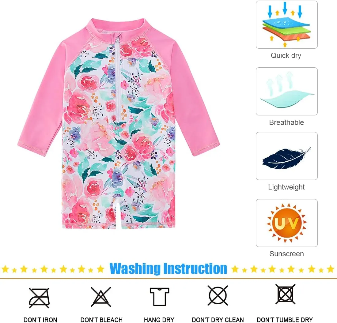 Toddler Baby Girls Swimsuit Long Sleeve Bathing Suit UPF 50  Rash Guard One Piece Zipper Swimwear 6 Months-4 Years