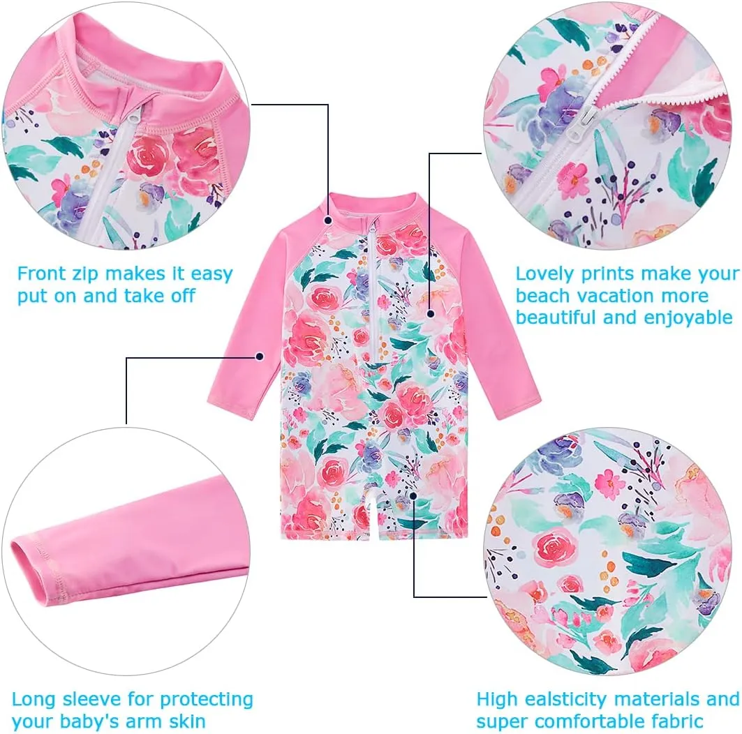 Toddler Baby Girls Swimsuit Long Sleeve Bathing Suit UPF 50  Rash Guard One Piece Zipper Swimwear 6 Months-4 Years