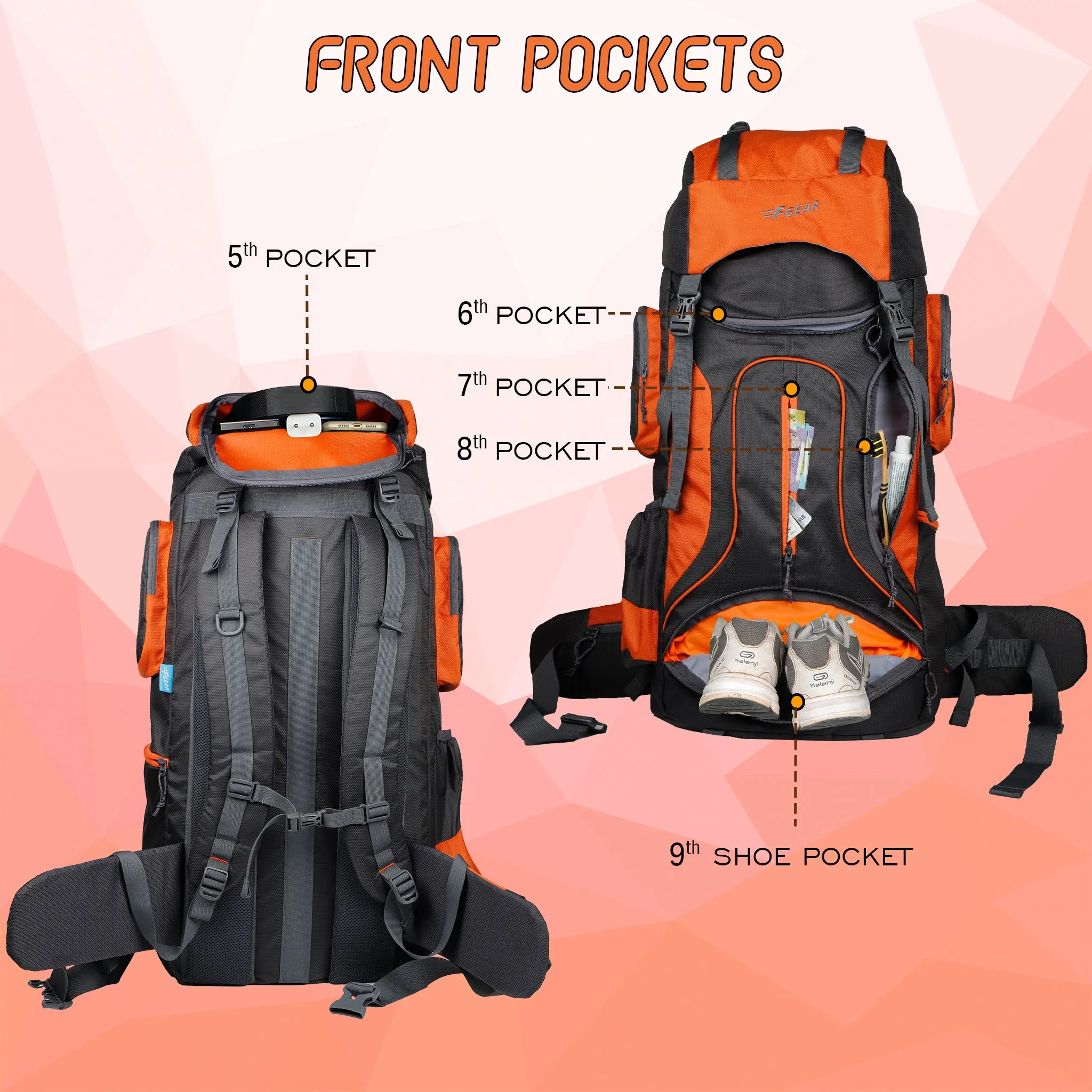 Tomahawk 75L Grey Orange Rucksack with raincover
