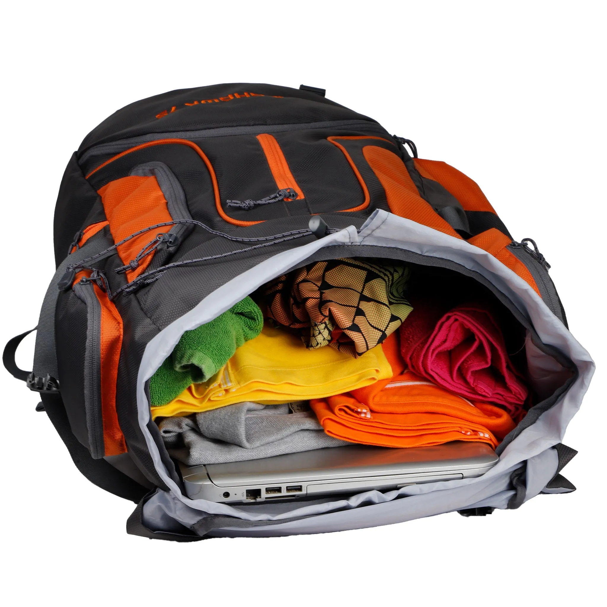 Tomahawk 75L Grey Orange Rucksack with raincover