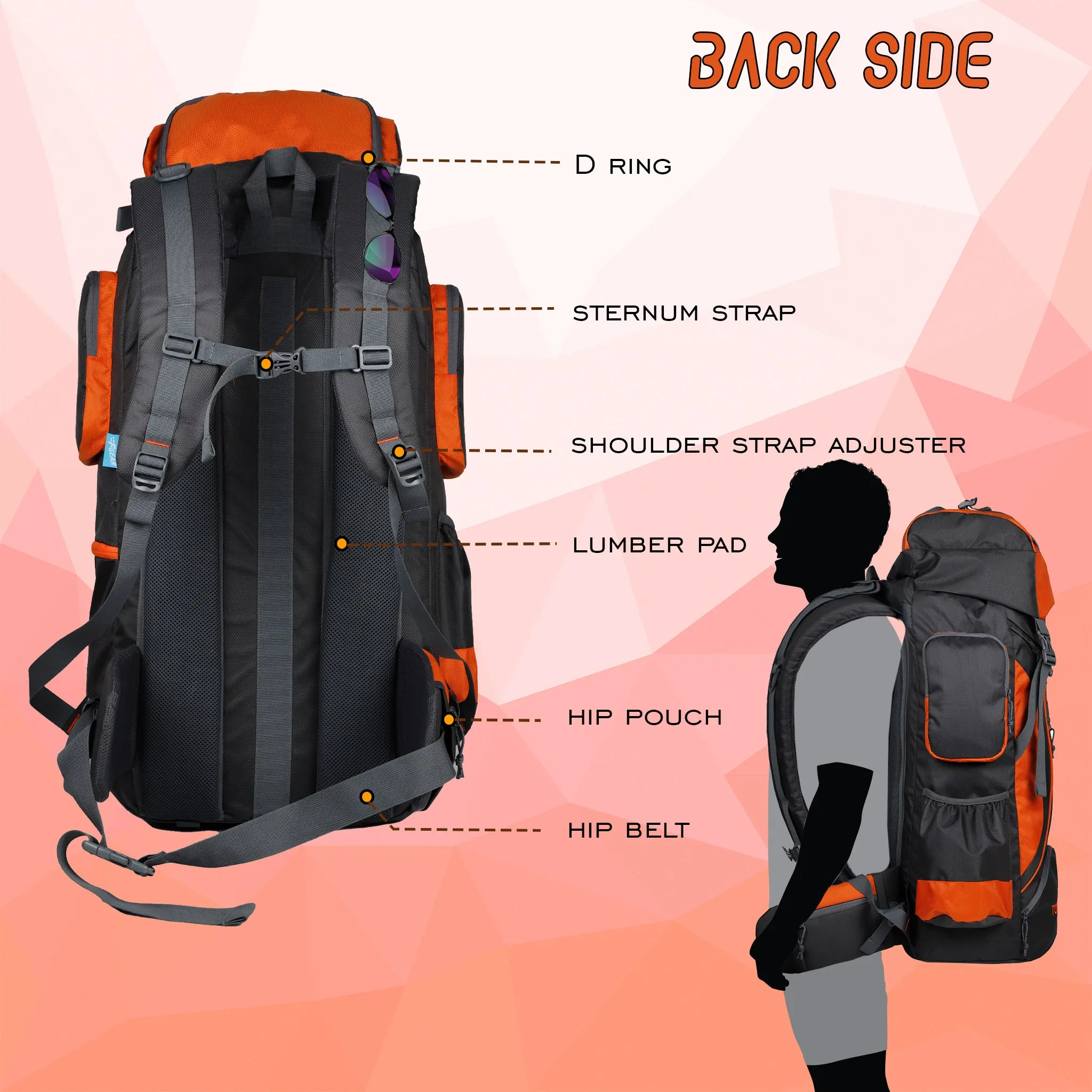 Tomahawk 75L Grey Orange Rucksack with raincover