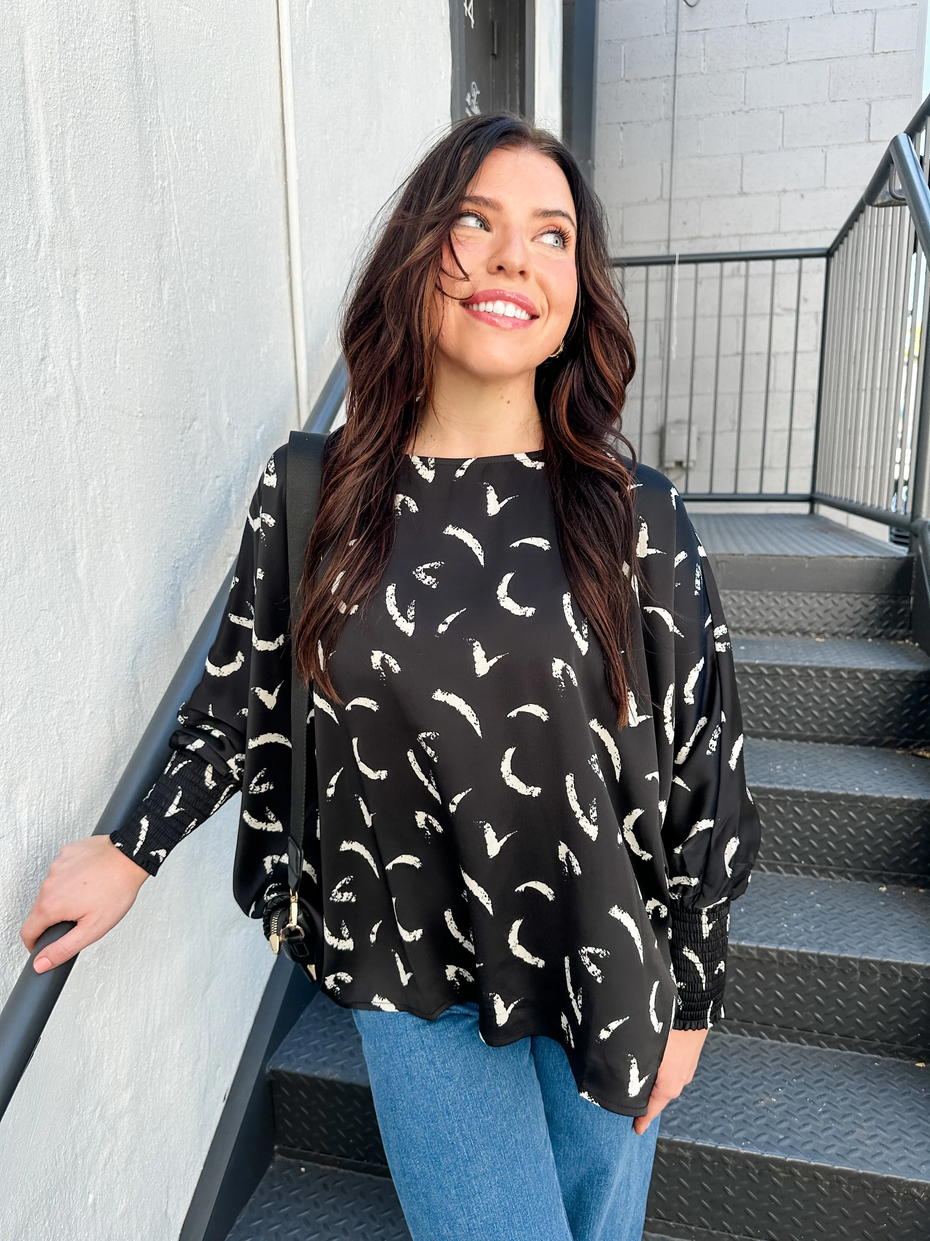 Twirl Print Smocked Sleeve Top