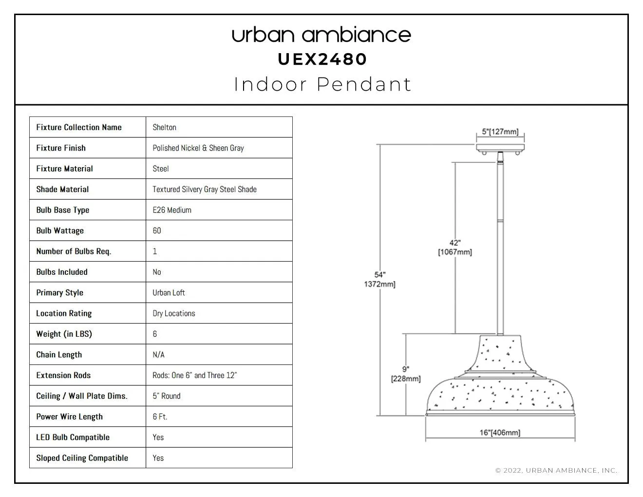 UEX2480 Urban Loft Pendant 9''H x 16''W, Polished Nickel & Sheen Gray Finish, Shelton Collection