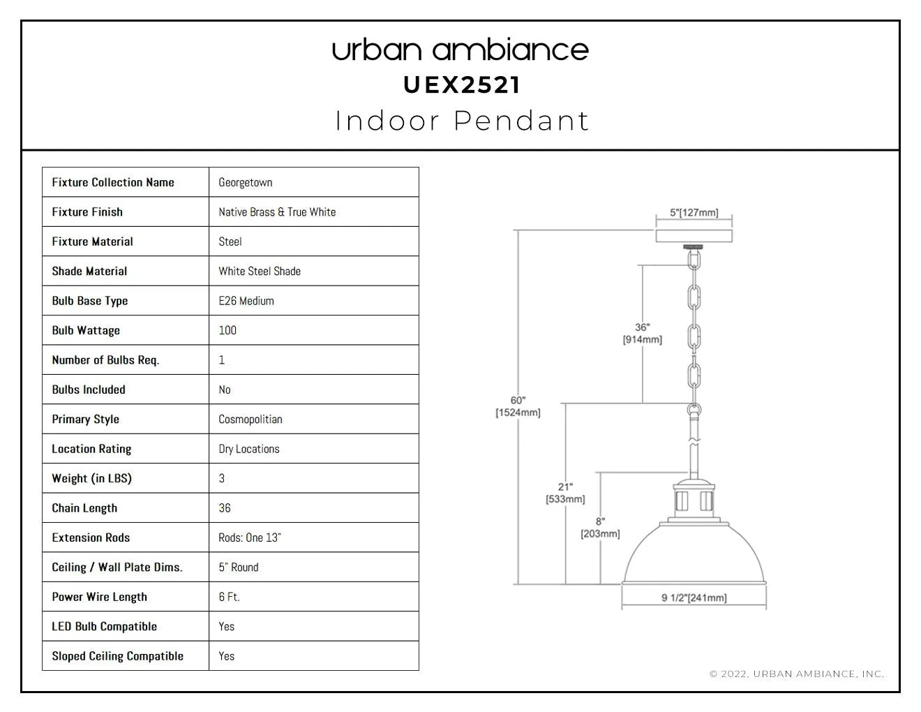 UEX2521 Cosmopolitan Pendant 8''H x 10''W, Native Brass & True White Finish, Georgetown Collection