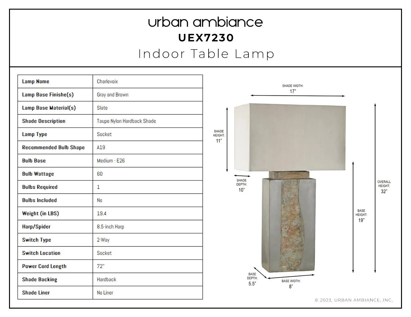 UEX7230 Modern Rustic Table Lamp 17''W x 10''D x 32''H, Gray and Brown Finish, Charlevoix Collection