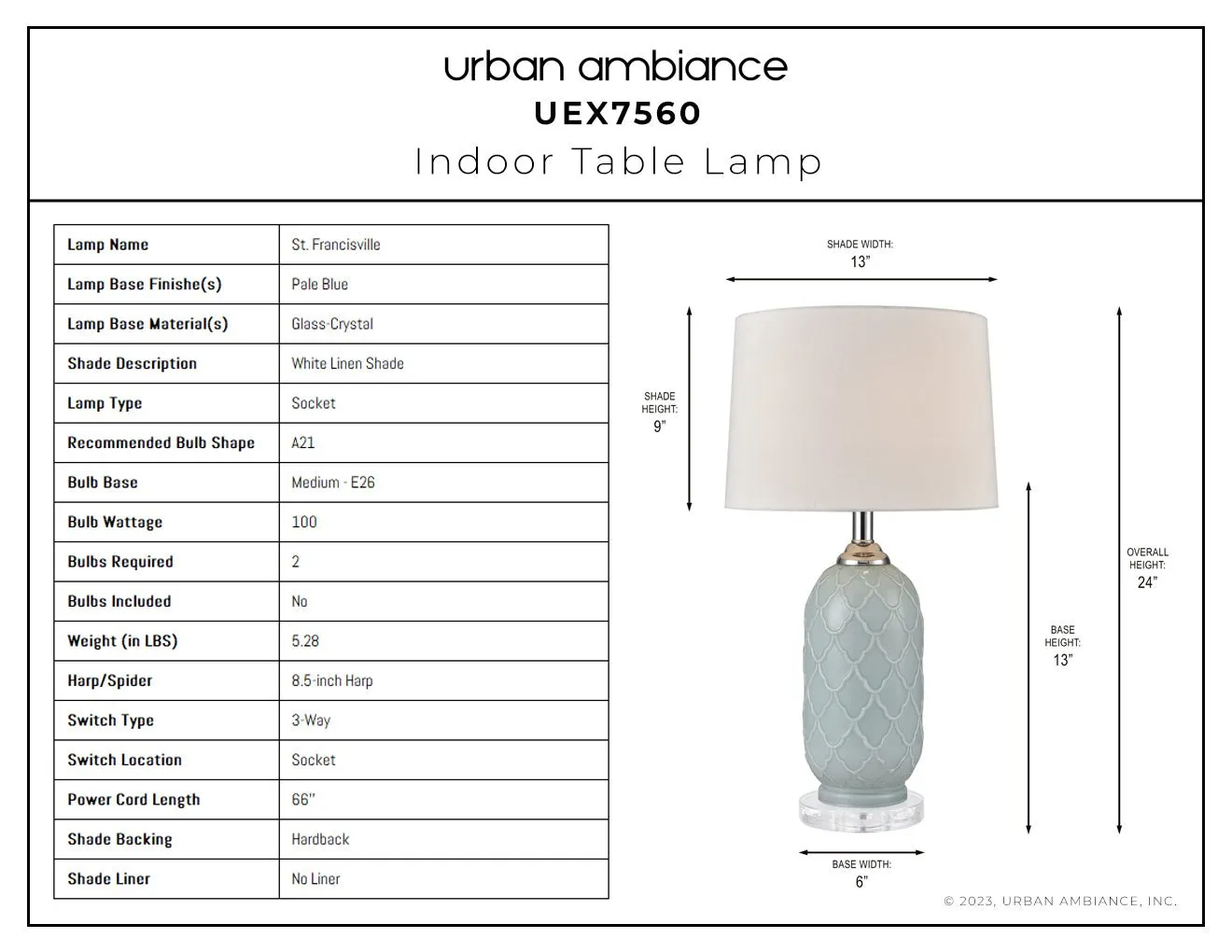 UEX7560 Mid-Century Modern Table Lamp 13''W x 13''D x 24''H, Pale Blue Finish, St. Francisville Collection