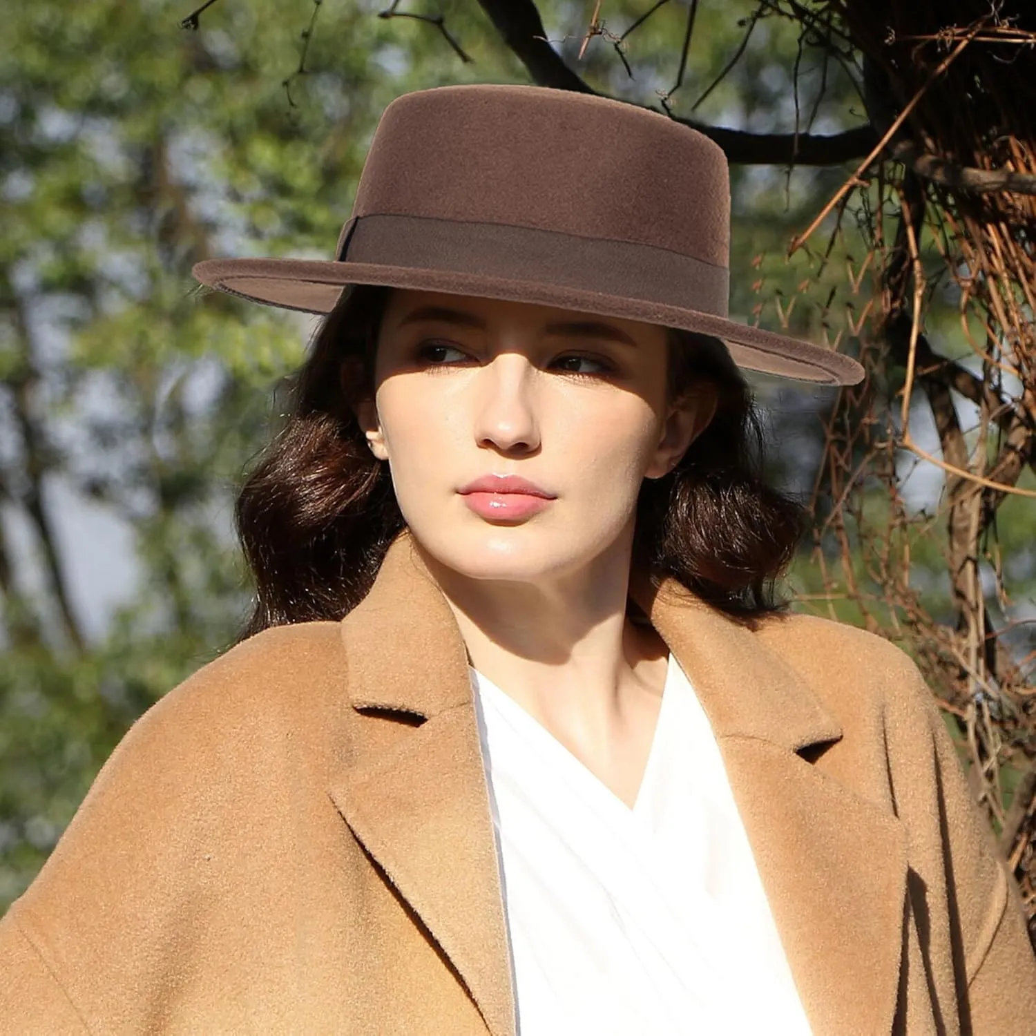 Wide-Brim-Felt-Panama-Fedora-Hat with Flat-Top-Pork-Pie Cap for Women Men (Size:M)